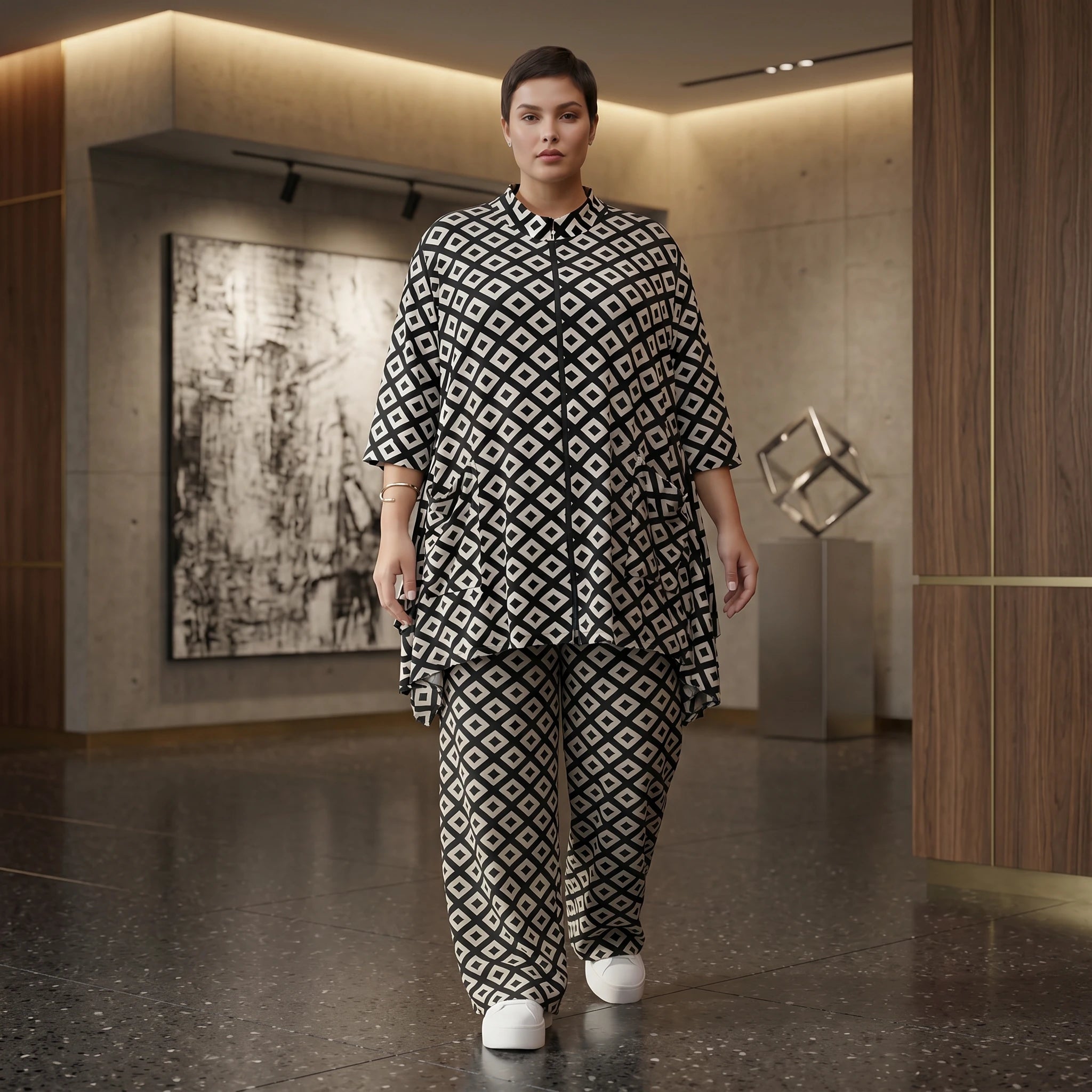 Damen Jacke Avantgarde Polyester Schwarz-Weiß, A-Form, Rauten, 3/4-Arm, Stehkragen, Oversize große Größen – AKH Fashion