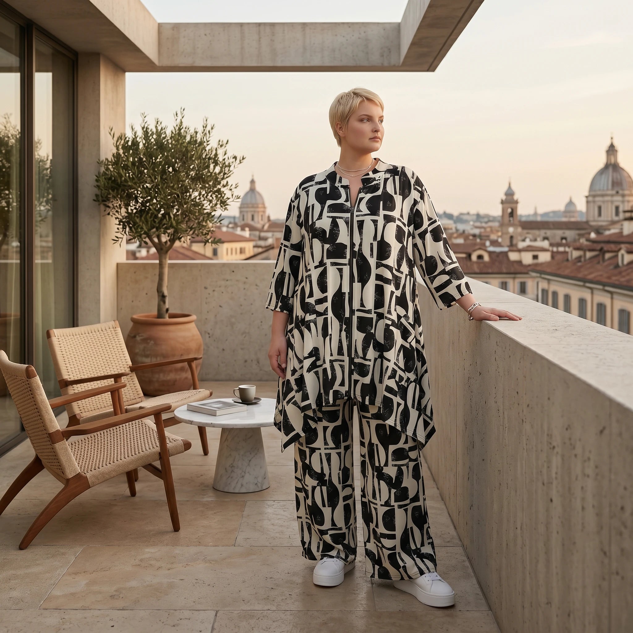 Oversize Slinky Set mit A-Form Jacke und Palazzo Hose von AKH Fashion exklusiv bei Modeare für moderne Lagenlook Styles