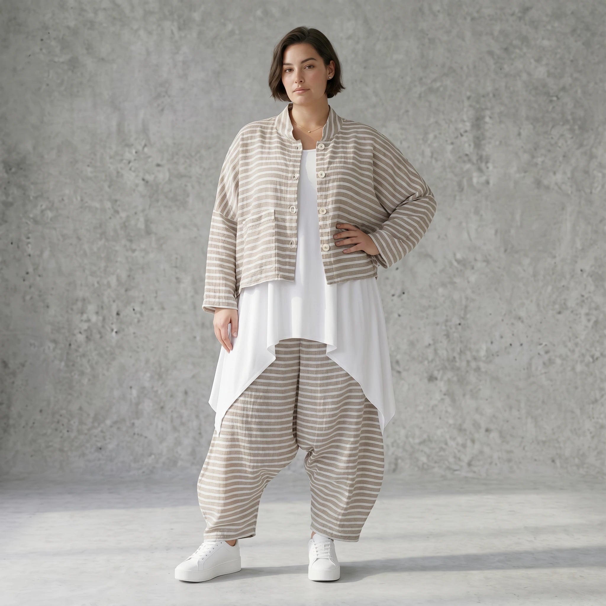 Kastige Streifenjacke in Leinen Optik für Damen Sommer Oversize Lagenlook AKH Fashion bei Modeare leicht und luftig aus Frankreich gefertigt