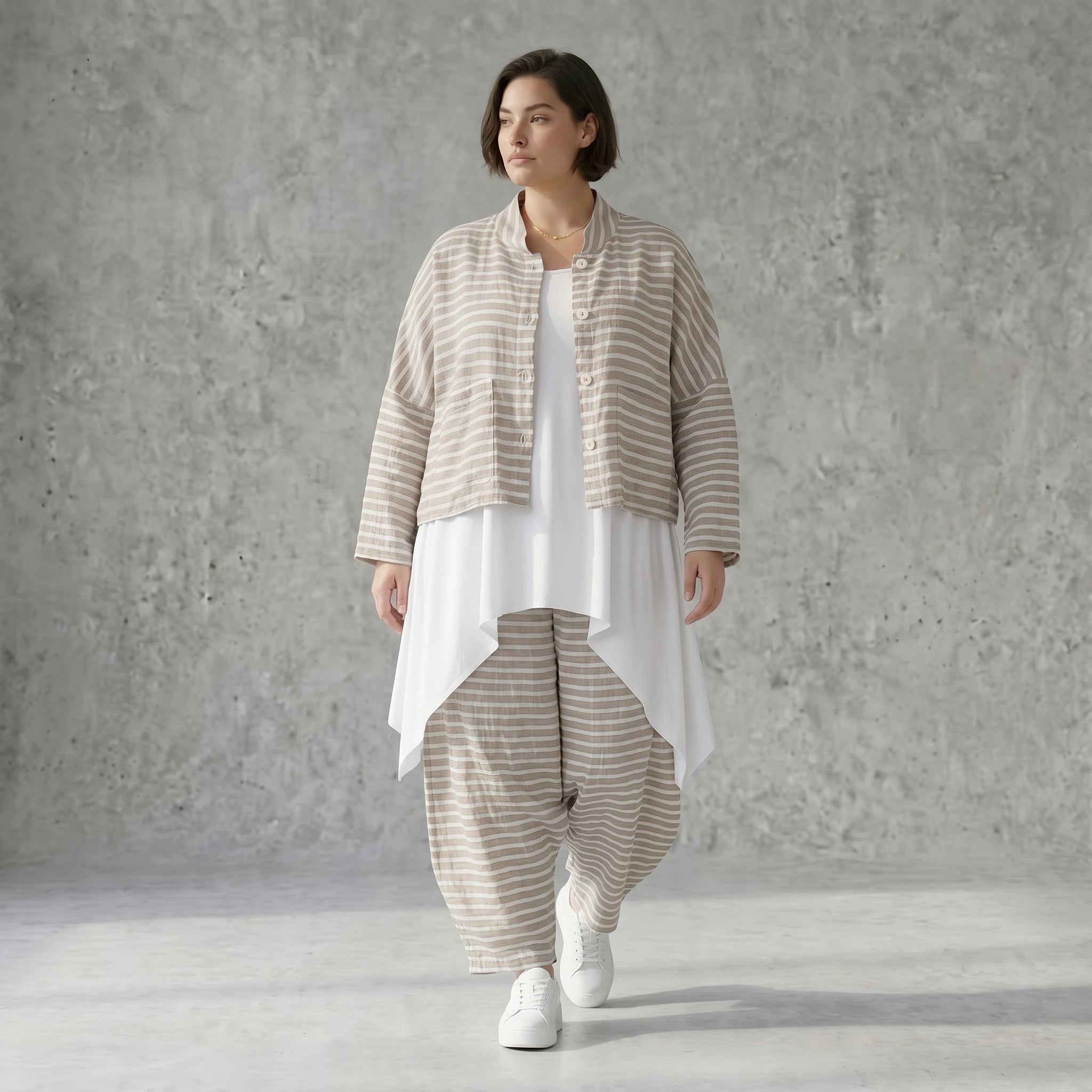 Kastige Streifenjacke in Leinen Optik für Damen Sommer Oversize Lagenlook AKH Fashion bei Modeare leicht und luftig aus Frankreich gefertigt