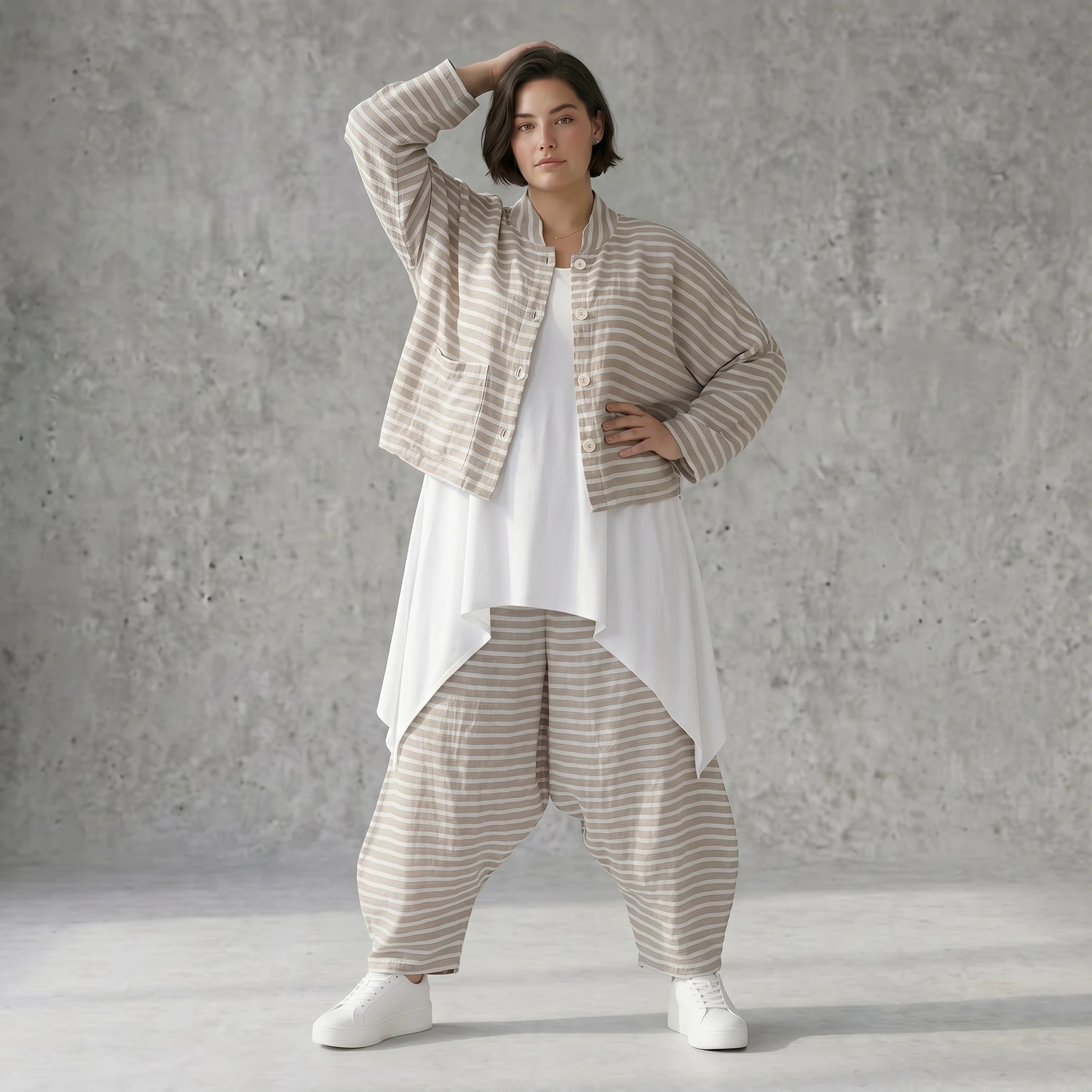 Kastige Streifenjacke in Leinen Optik für Damen Sommer Oversize Lagenlook AKH Fashion bei Modeare leicht und luftig aus Frankreich gefertigt
