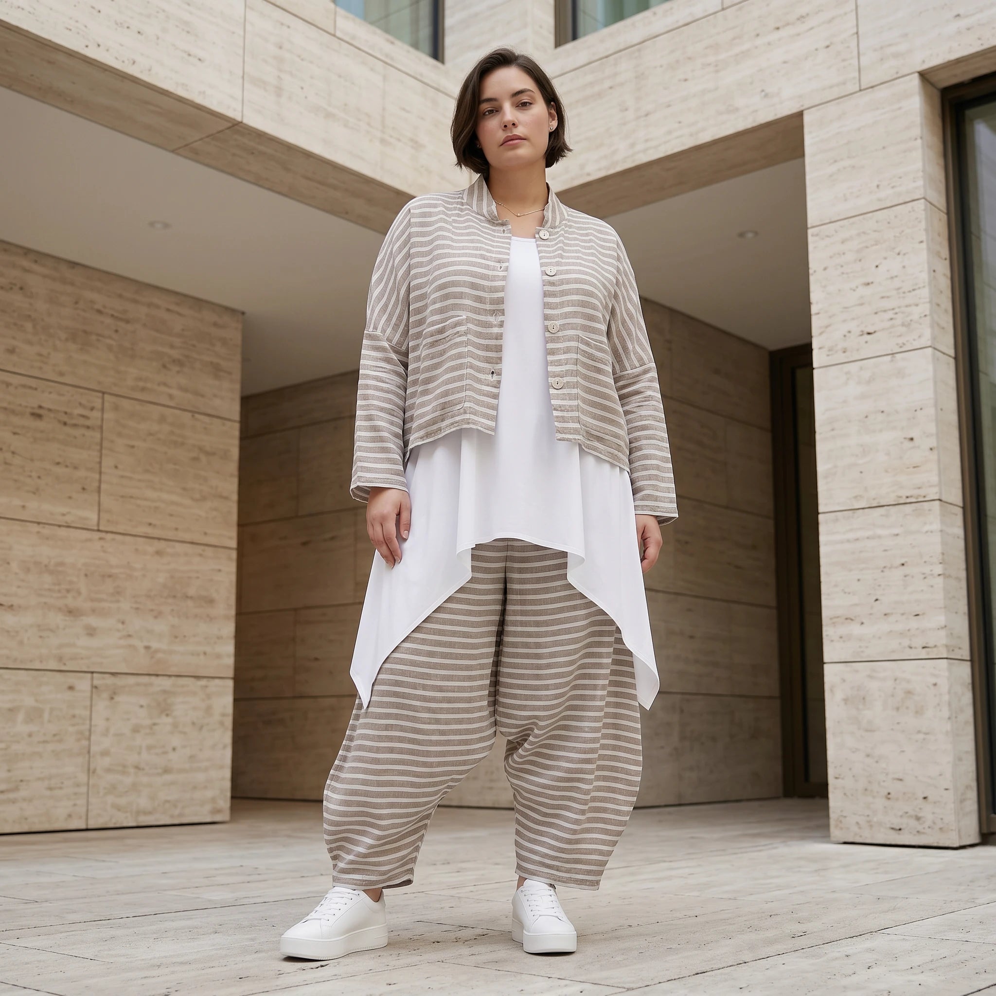 Kastige Streifenjacke in Leinen Optik für Damen Sommer Oversize Lagenlook AKH Fashion bei Modeare leicht und luftig aus Frankreich gefertigt