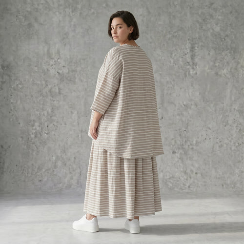 AKH Fashion Big Shirt in Leinen Optik gestreift Oversize Damen Sommerlook Sand Weiß bei Modeare Frankreich