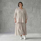 AKH Fashion Big Shirt in Leinen Optik gestreift Oversize Damen Sommerlook Sand Weiß bei Modeare Frankreich