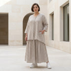 AKH Fashion Big Shirt in Leinen Optik gestreift Oversize Damen Sommerlook Sand Weiß bei Modeare Frankreich