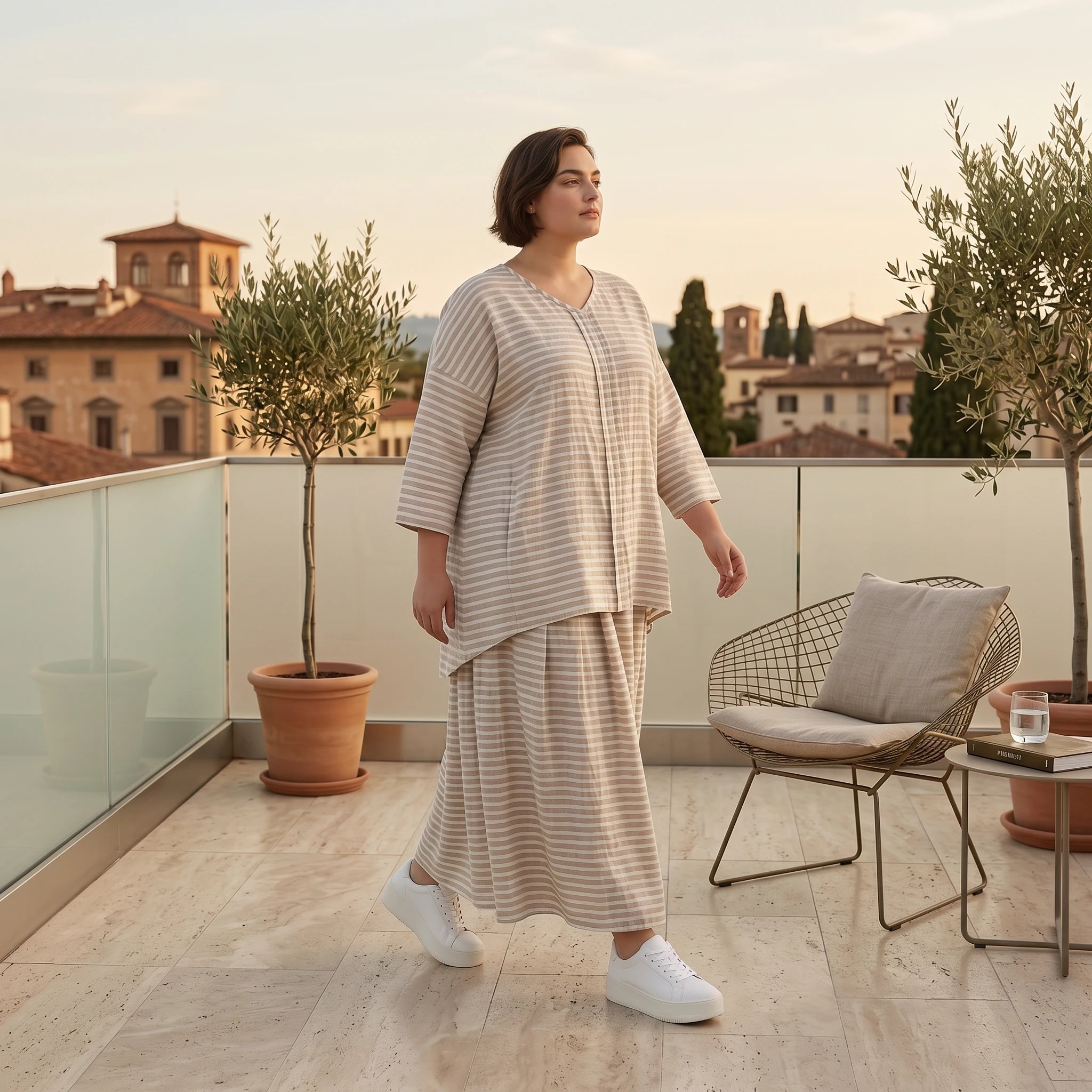 AKH Fashion Big Shirt in Leinen Optik gestreift Oversize Damen Sommerlook Sand Weiß bei Modeare Frankreich