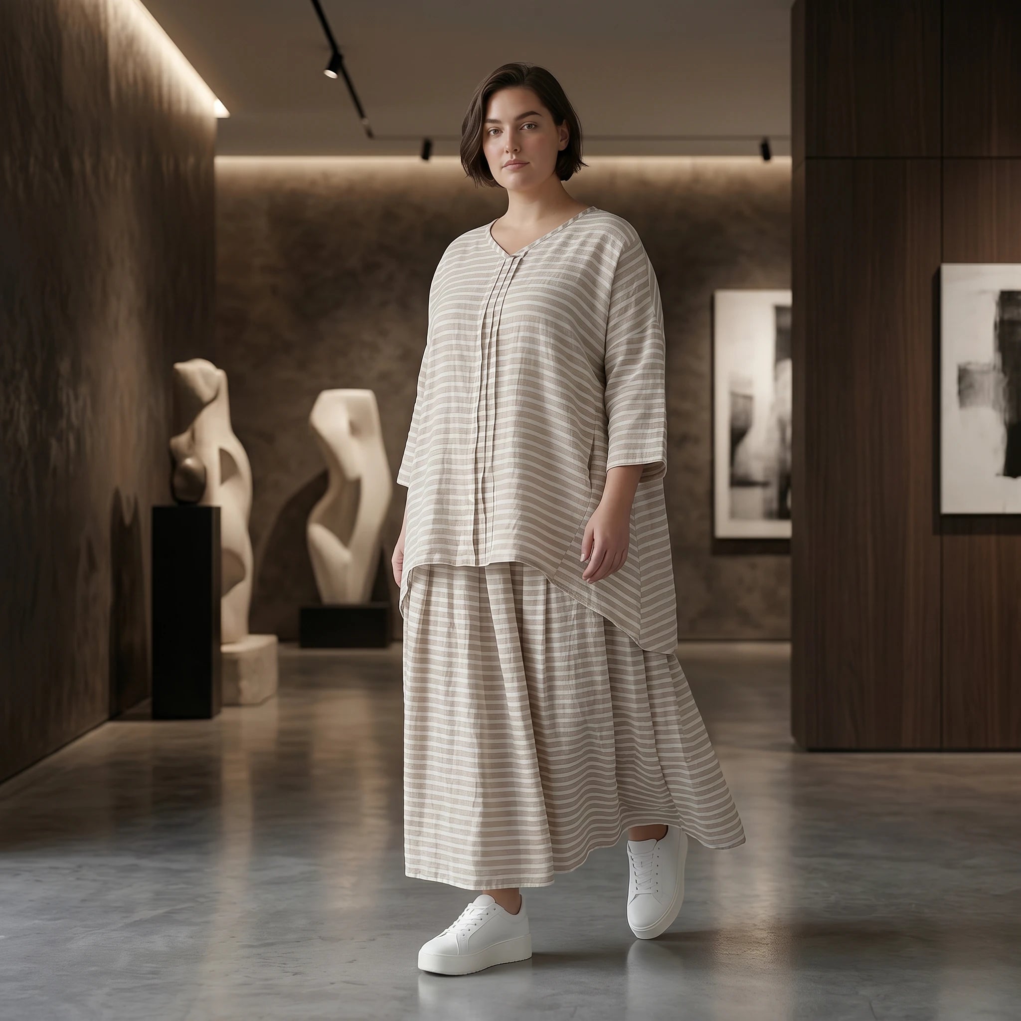 AKH Fashion Big Shirt in Leinen Optik gestreift Oversize Damen Sommerlook Sand Weiß bei Modeare Frankreich