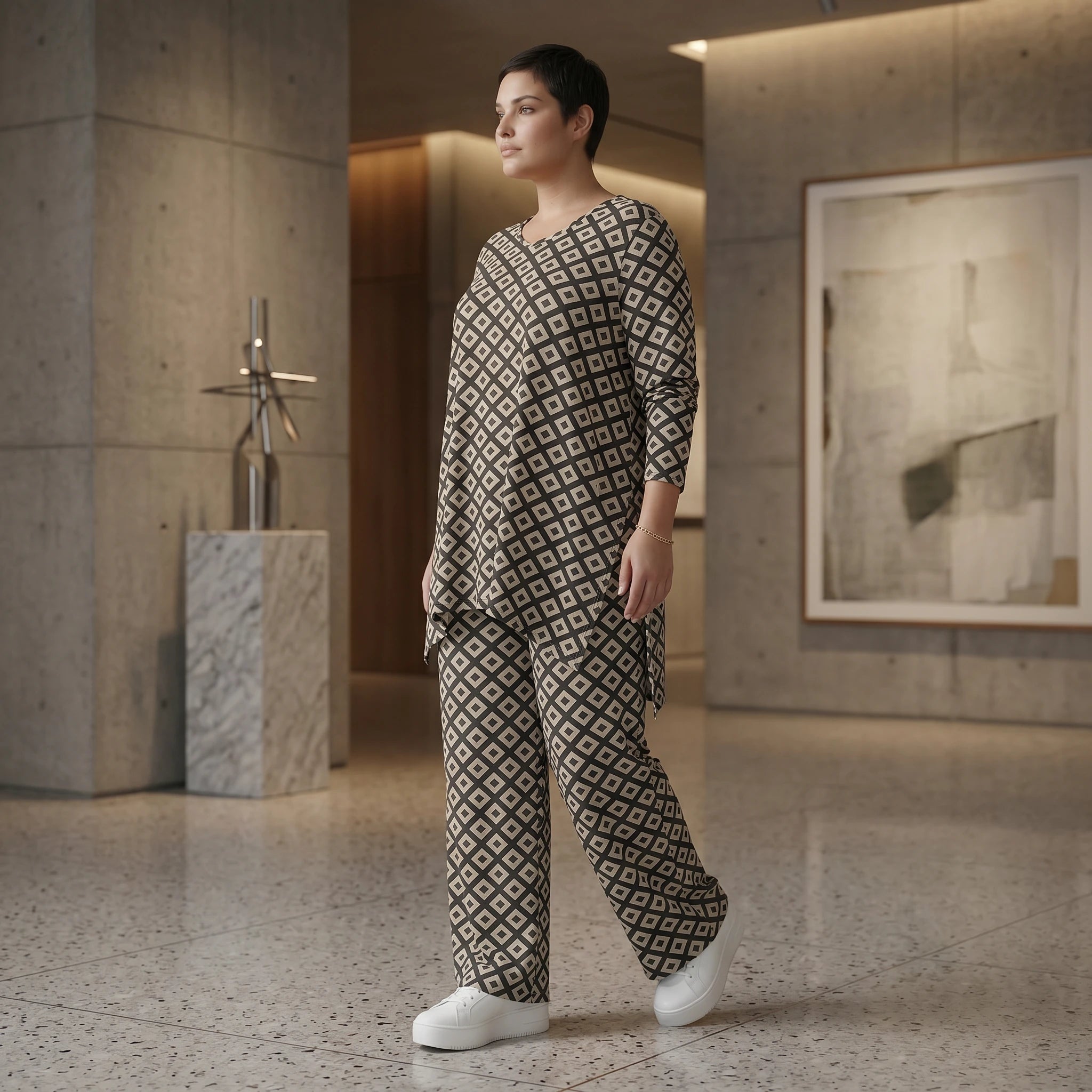 Damen Hose Avantgarde Polyester Schwarz-Weiß, gerader Schnitt, Rauten, Dehnbund, Oversize große Größen – AKH Fashion
