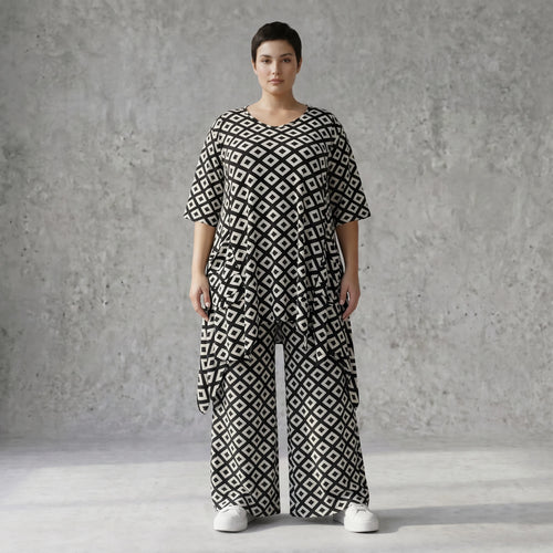 Damen Shirt Avantgarde Polyester Schwarz-Weiß, A-Form, Rautenmuster, 3/4-Arm, Taschen, Oversize große Größen – AKH Fashion