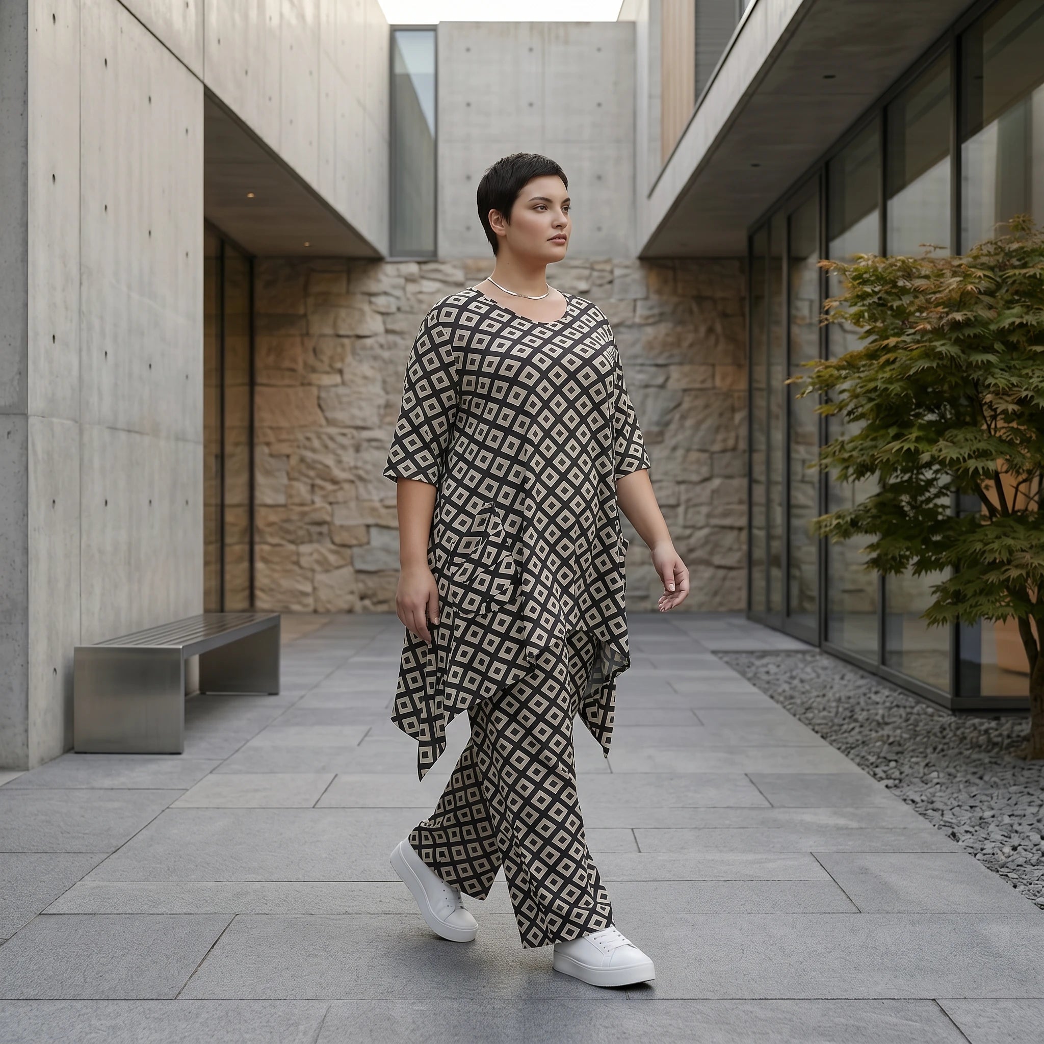 Damen Shirt Avantgarde Polyester Schwarz-Weiß, A-Form, Rautenmuster, 3/4-Arm, Taschen, Oversize große Größen – AKH Fashion