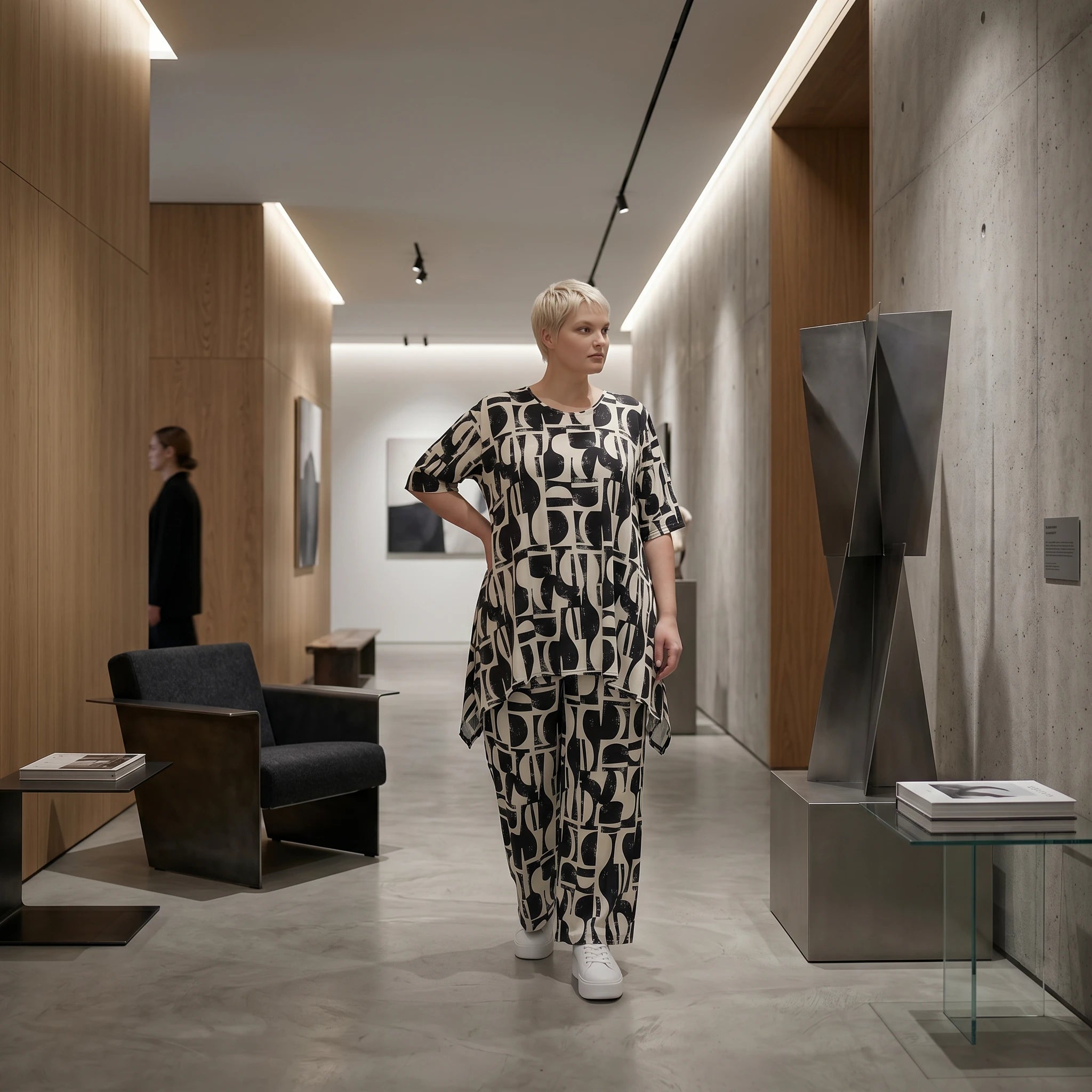 Oversize Set Shirt und Palazzo Hose Schwarz Weiß abstrakt Slinky Sommer Lagenlook AKH Fashion bei Modeare für Damenmode in großen Größen chic