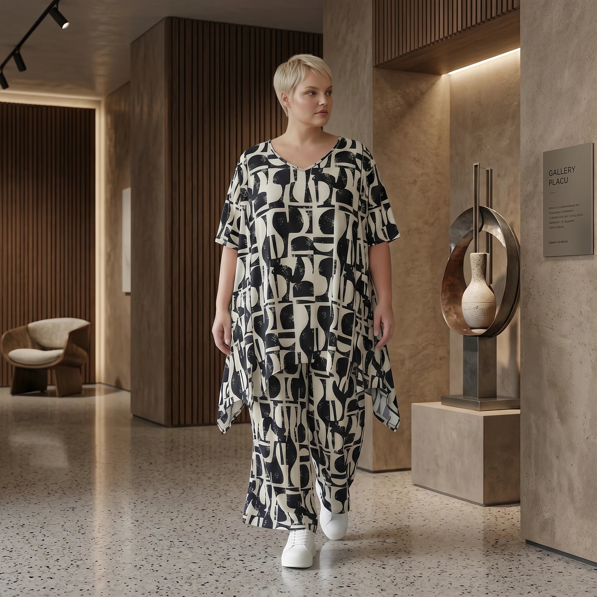 Oversize Set Longshirt und Palazzo Hose Schwarz Weiß abstrakt Slinky Sommer Look AKH Fashion bei Modeare für Damenmode in großen Größen chic
