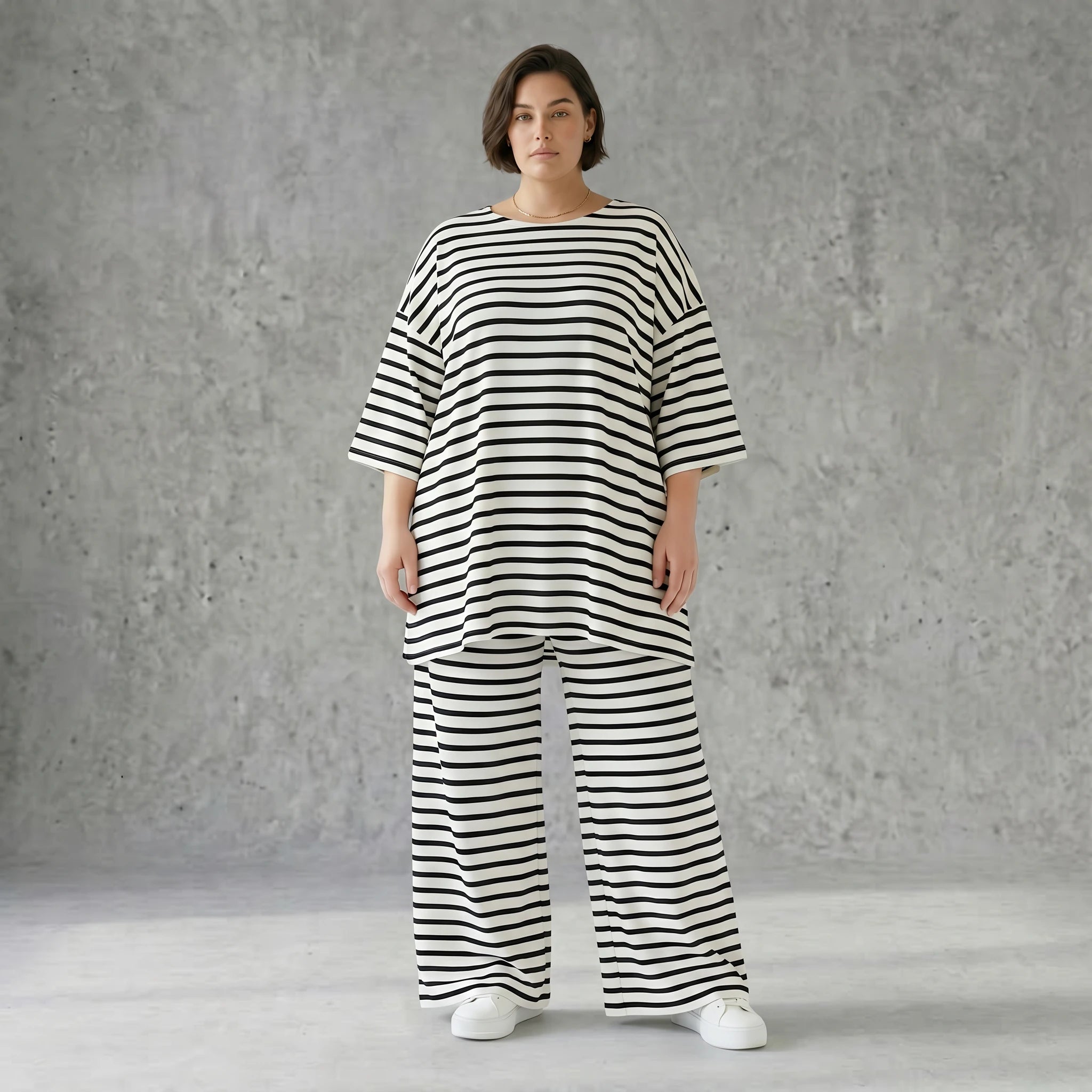 Weite Streifen Hose aus Jersey mit Schlitzsaum Sommer Lagenlook AKH Fashion aus Frankreich exklusiv bei Modeare Damenmode