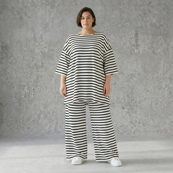 Weite Streifen Hose aus Jersey mit Schlitzsaum Sommer Lagenlook AKH Fashion aus Frankreich exklusiv bei Modeare Damenmode