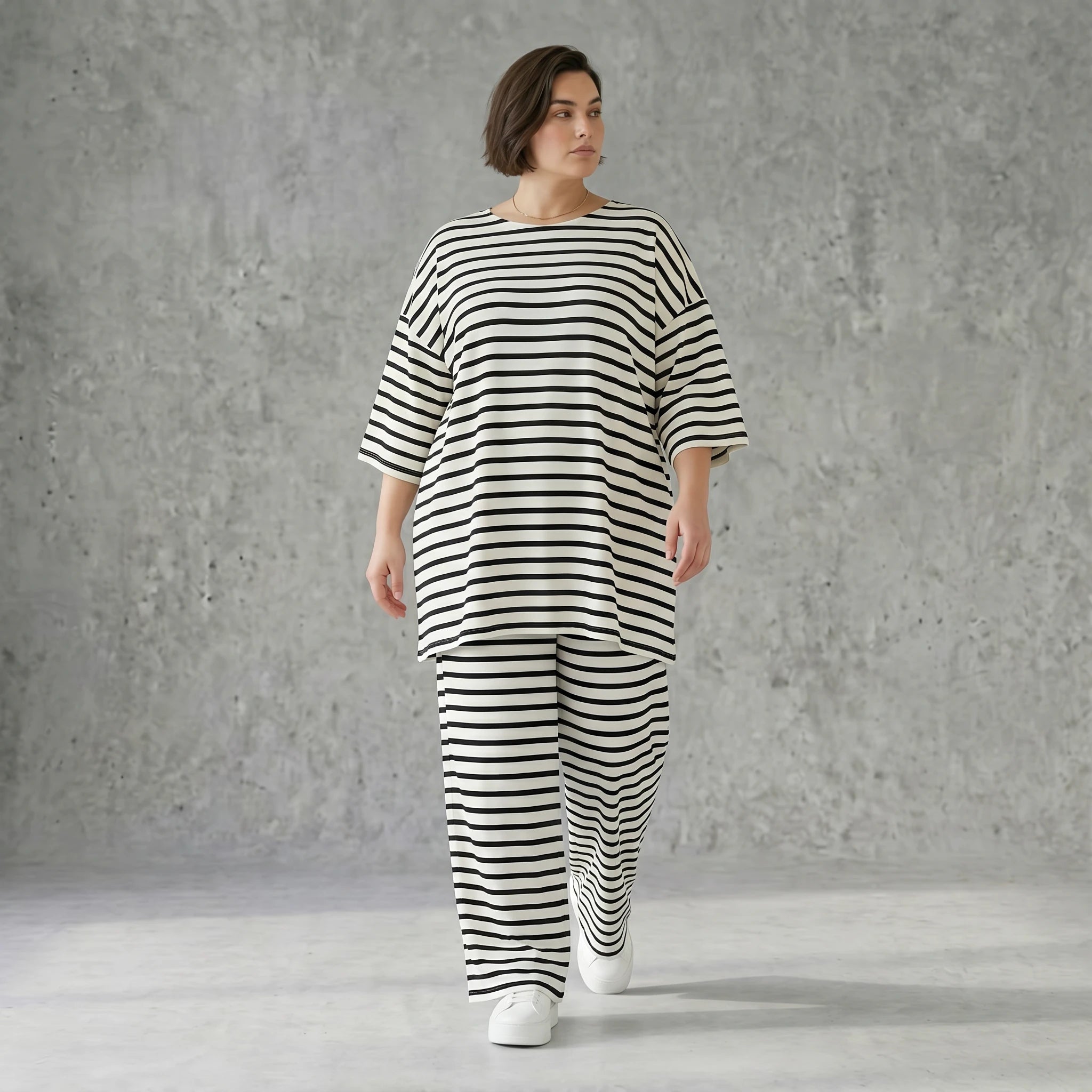 Weite Streifen Hose aus Jersey mit Schlitzsaum Sommer Lagenlook AKH Fashion aus Frankreich exklusiv bei Modeare Damenmode
