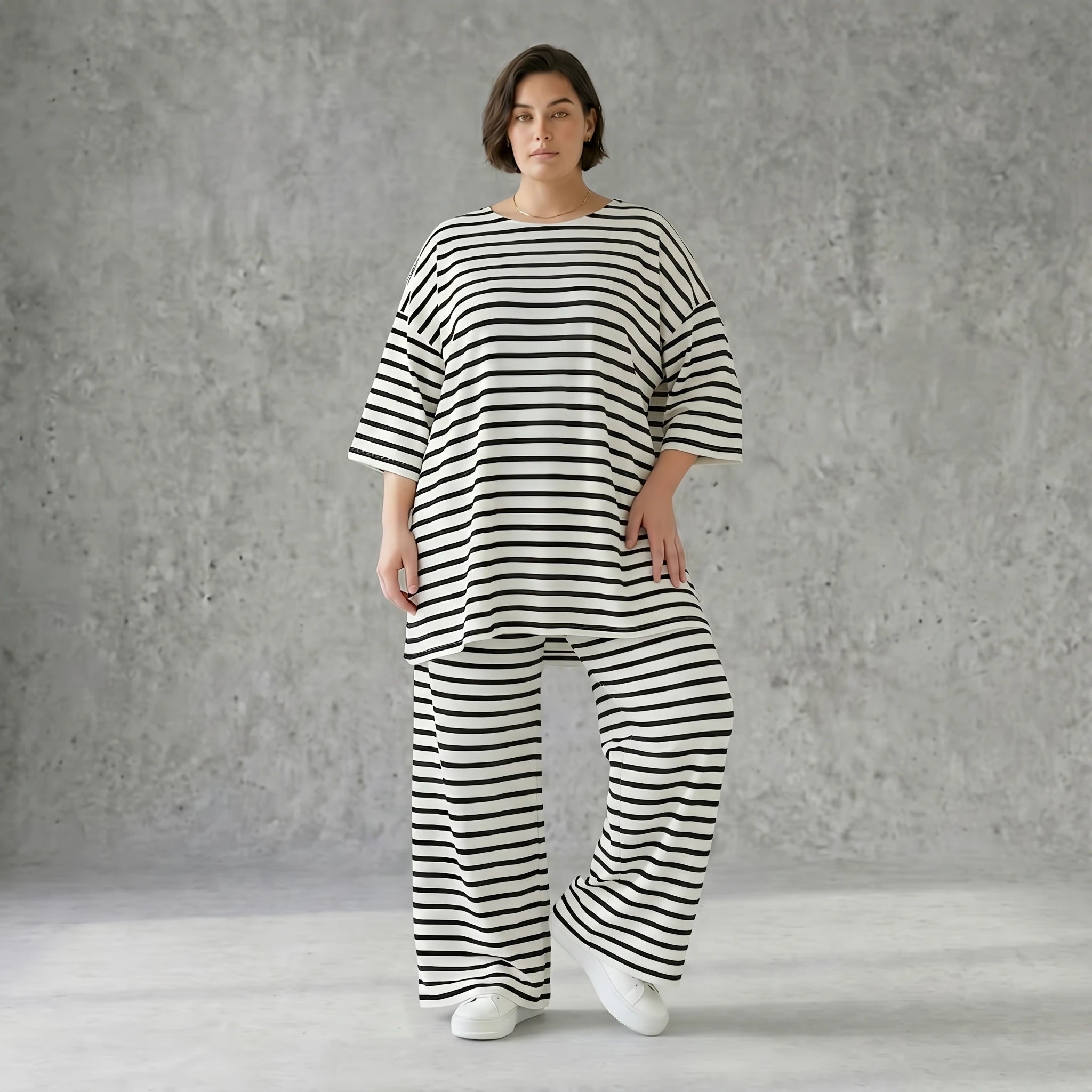 Weite Streifen Hose aus Jersey mit Schlitzsaum Sommer Lagenlook AKH Fashion aus Frankreich exklusiv bei Modeare Damenmode