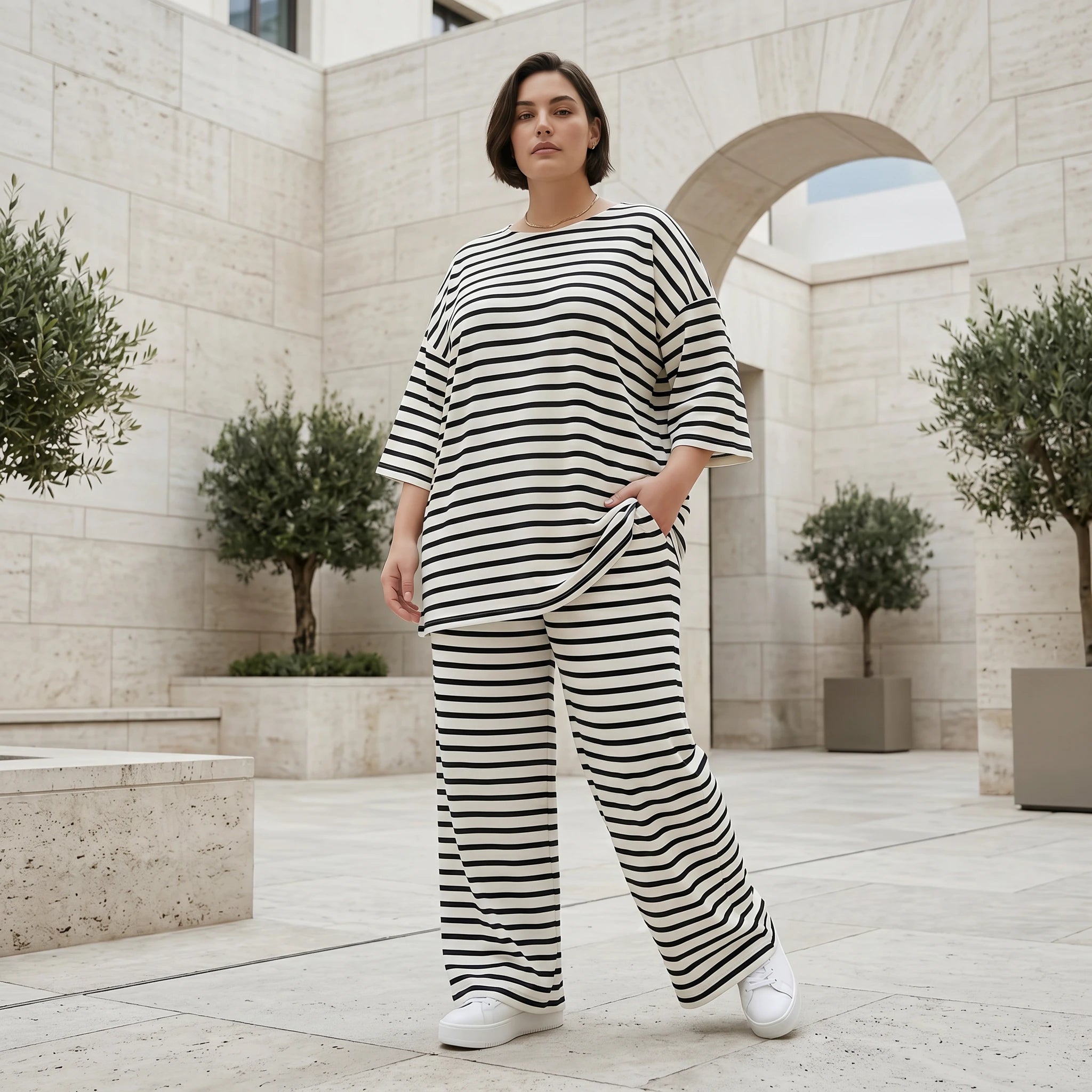 Weite Streifen Hose aus Jersey mit Schlitzsaum Sommer Lagenlook AKH Fashion aus Frankreich exklusiv bei Modeare Damenmode