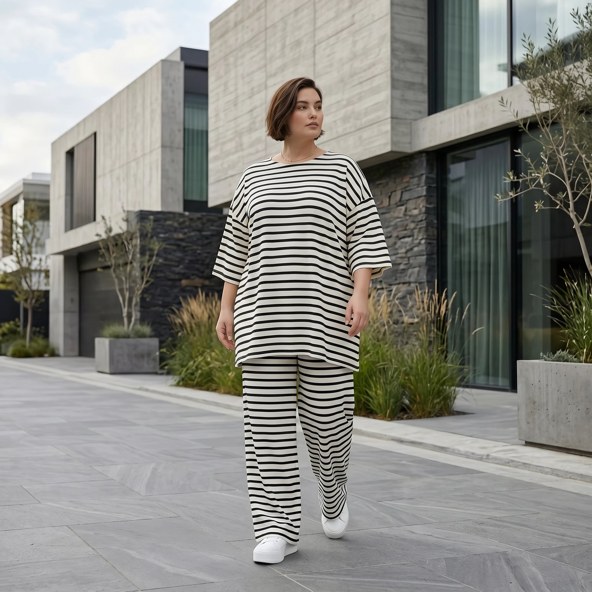 Weite Streifen Hose aus Jersey mit Schlitzsaum Sommer Lagenlook AKH Fashion aus Frankreich exklusiv bei Modeare Damenmode