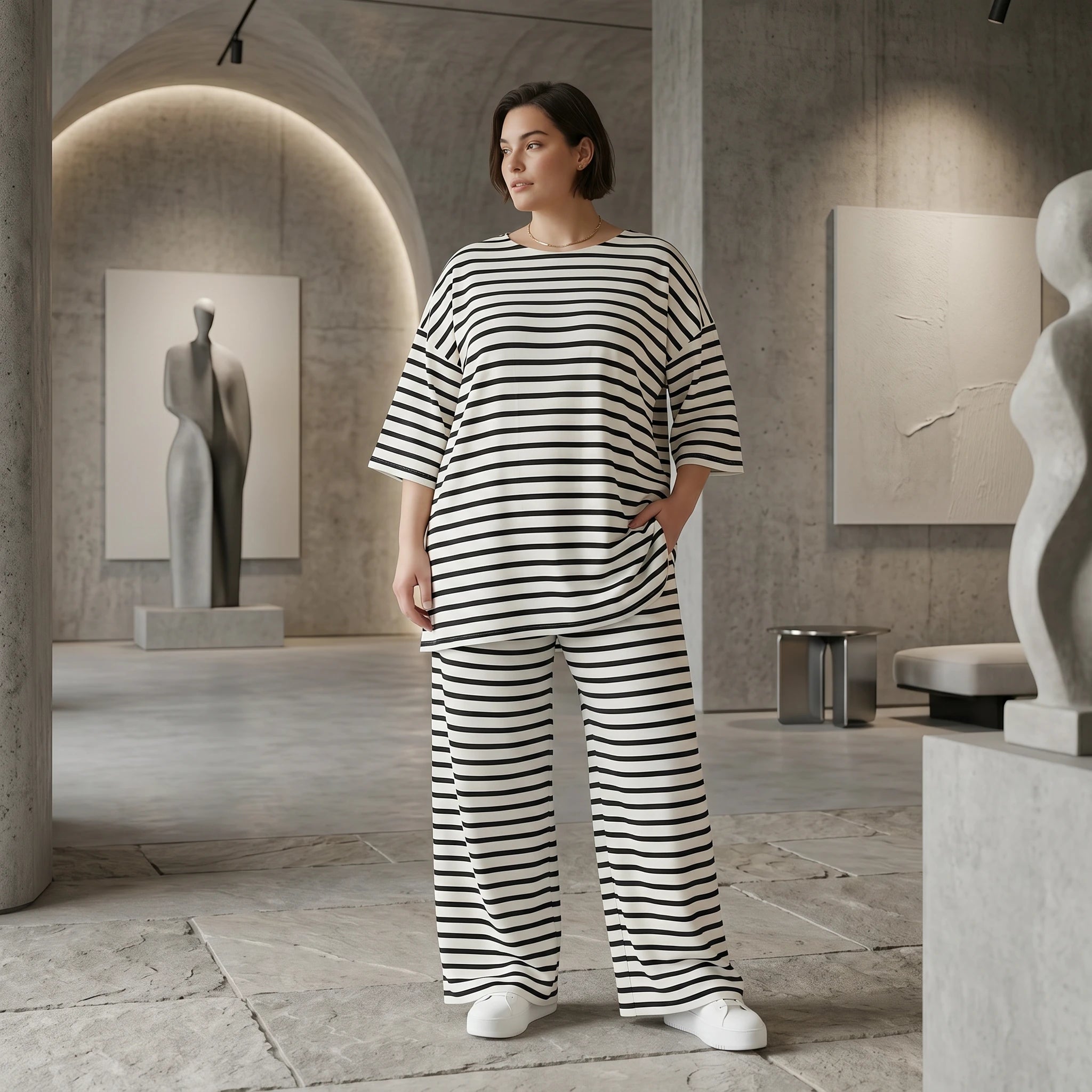 Weite Streifen Hose aus Jersey mit Schlitzsaum Sommer Lagenlook AKH Fashion aus Frankreich exklusiv bei Modeare Damenmode