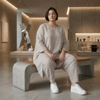 Oversize Shirt Sand Weiss gestreift asymmetrisch in Leinen Optik - Sommer Lagenlook von AKH Fashion bei Modeare kuratiert sehr luftig