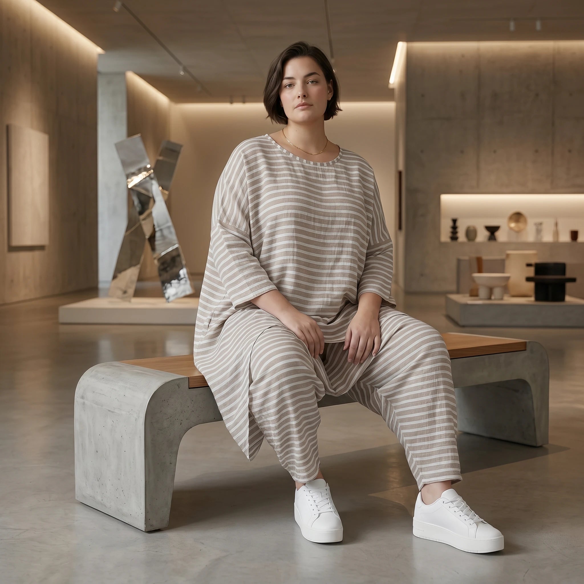 Oversize Shirt Sand Weiss gestreift asymmetrisch in Leinen Optik - Sommer Lagenlook von AKH Fashion bei Modeare kuratiert sehr luftig