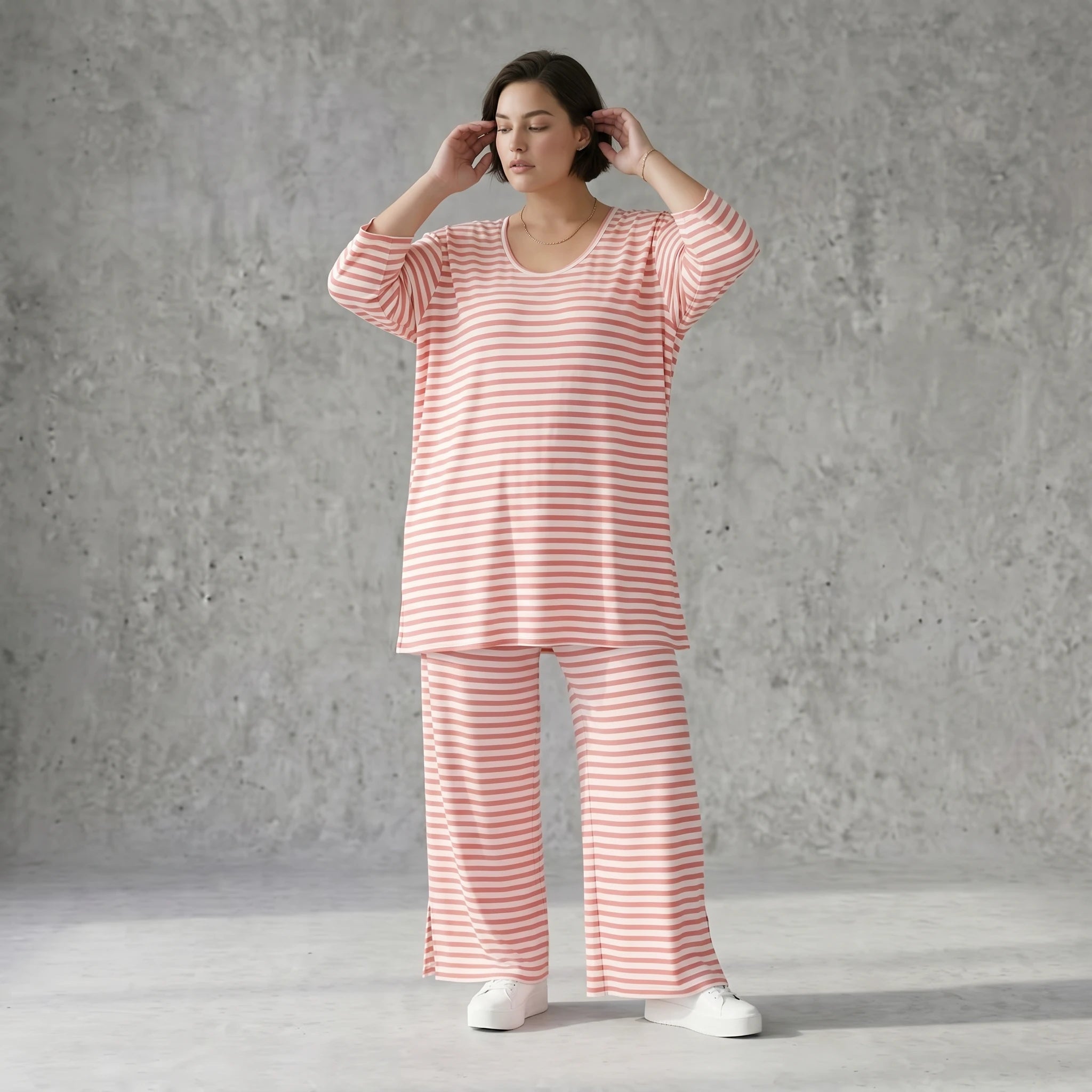 Damen Jersey Hose Weiß-Lachs mit Streifen Weites Bein Sommer Look aus Viskose von AKH Fashion exklusiv bei Modeare Shop