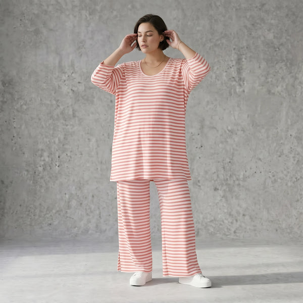 Damen Jersey Hose Weiß-Lachs mit Streifen Weites Bein Sommer Look aus Viskose von AKH Fashion exklusiv bei Modeare Shop