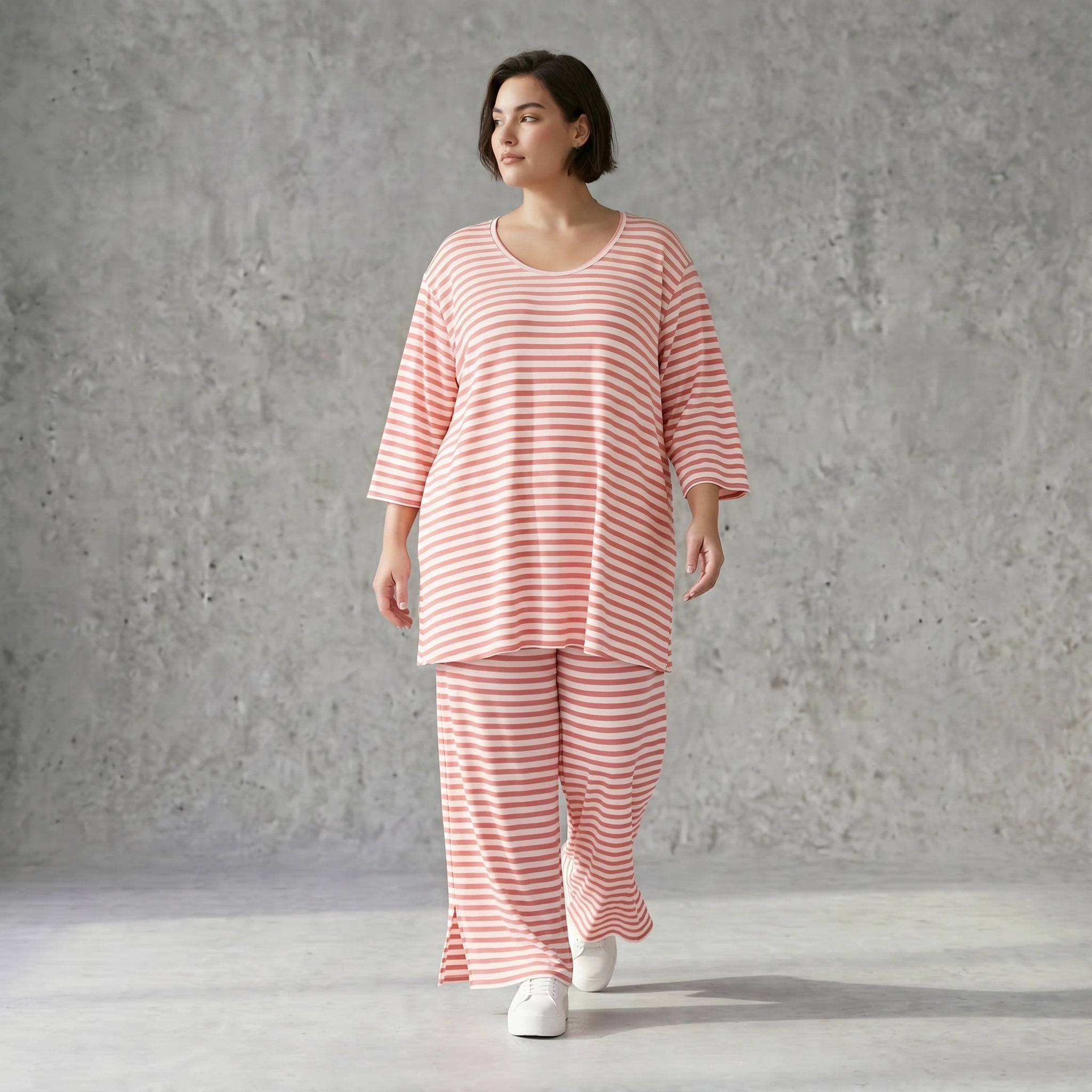 Damen Jersey Hose Weiß-Lachs mit Streifen Weites Bein Sommer Look aus Viskose von AKH Fashion exklusiv bei Modeare Shop