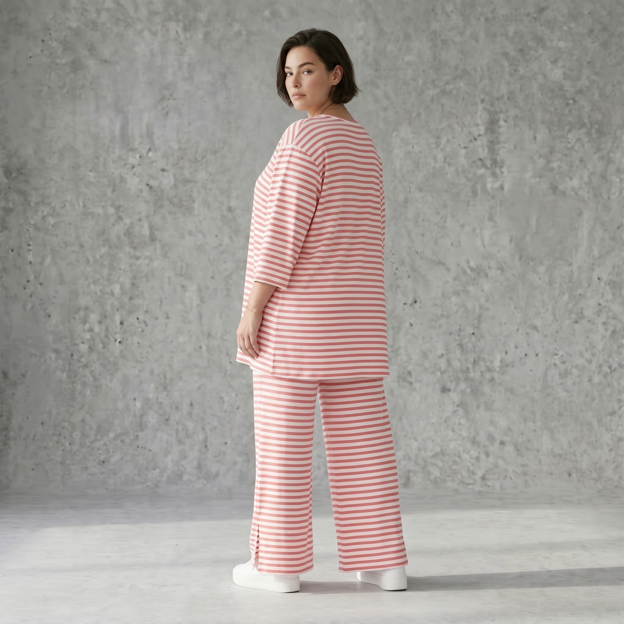 Damen Jersey Hose Weiß-Lachs mit Streifen Weites Bein Sommer Look aus Viskose von AKH Fashion exklusiv bei Modeare Shop