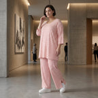 Damen Jersey Hose Weiß-Lachs mit Streifen Weites Bein Sommer Look aus Viskose von AKH Fashion exklusiv bei Modeare Shop