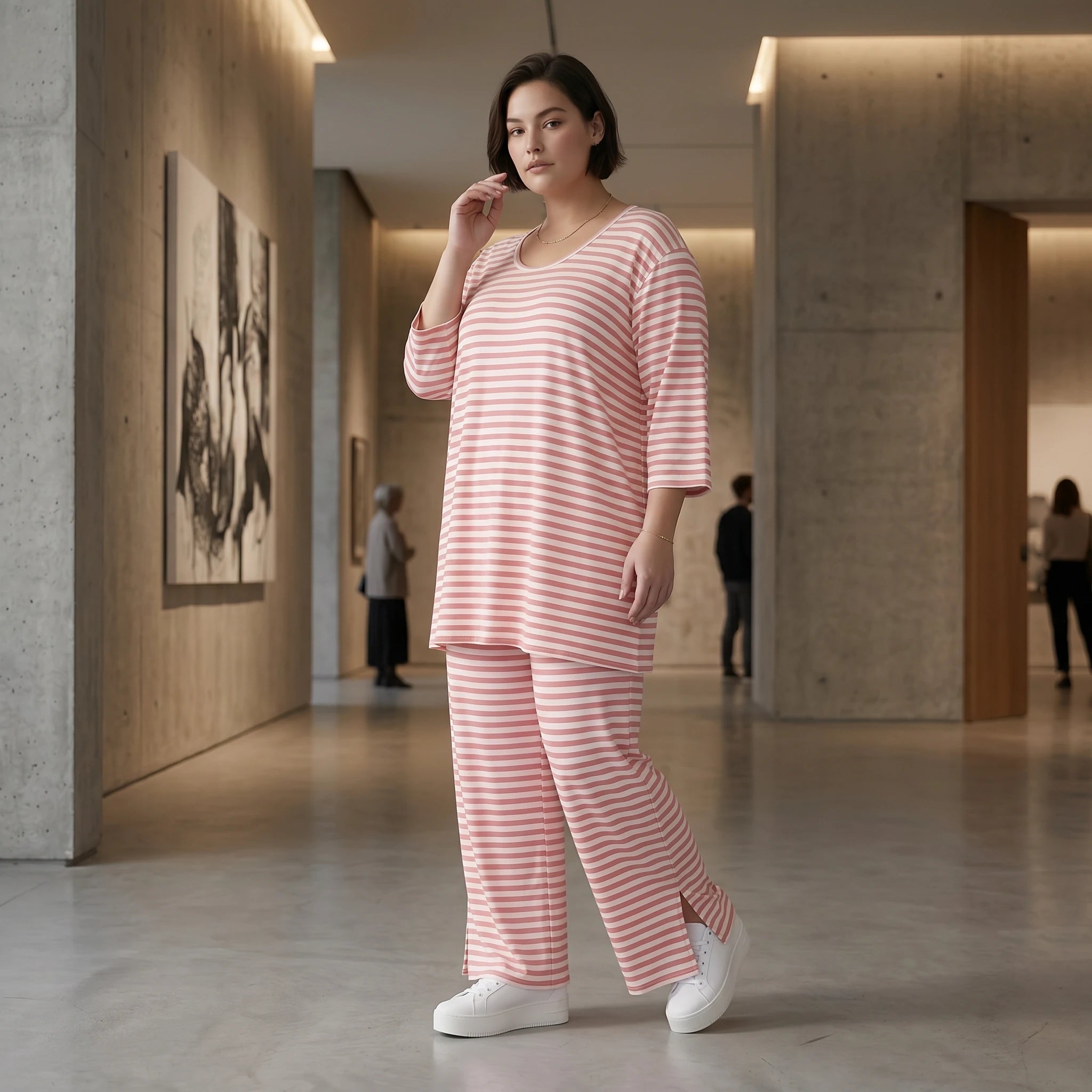 Damen Jersey Hose Weiß-Lachs mit Streifen Weites Bein Sommer Look aus Viskose von AKH Fashion exklusiv bei Modeare Shop