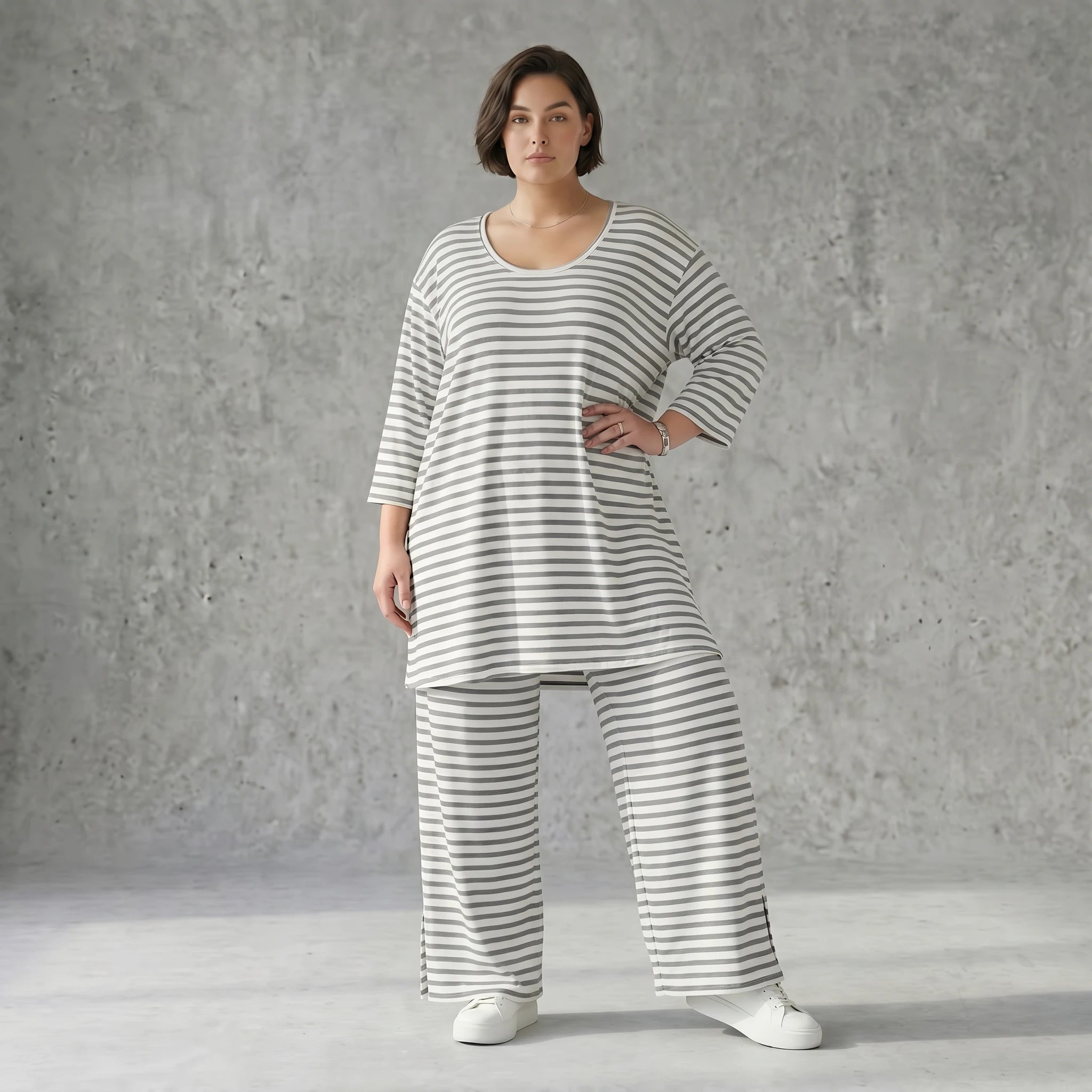 Damen Streifenhose aus Jersey mit weitem Bein Sommer Hose aus Viskose Mix AKH Fashion exklusiv bei Modeare bequem und leicht