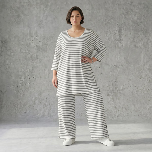 Damen Streifenhose aus Jersey mit weitem Bein Sommer Hose aus Viskose Mix AKH Fashion exklusiv bei Modeare bequem und leicht