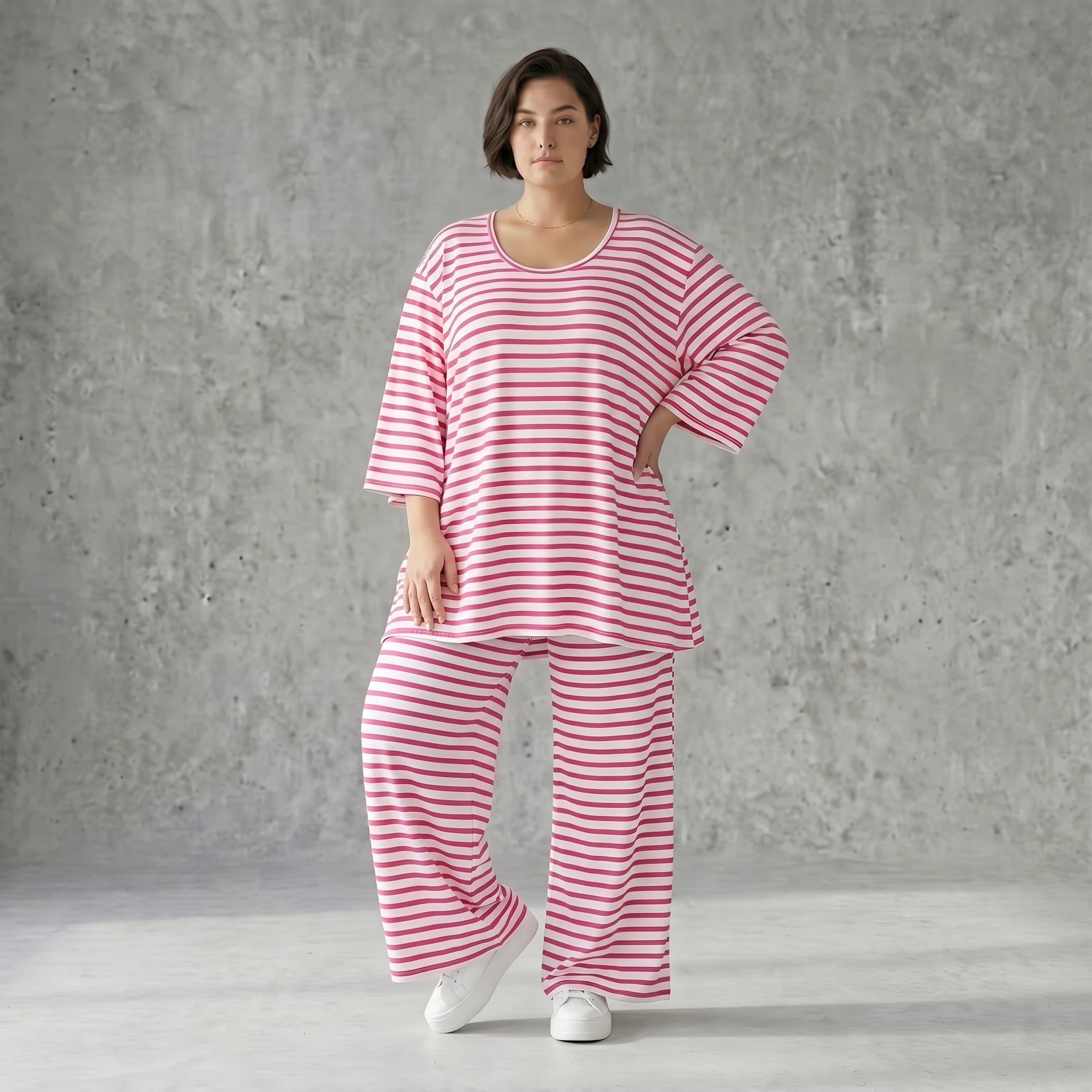 Weite Streifen Hose aus Jersey in Weiß Fuchsia Sommermode weich und bequem - AKH Fashion bei Modeare aus Frankreich