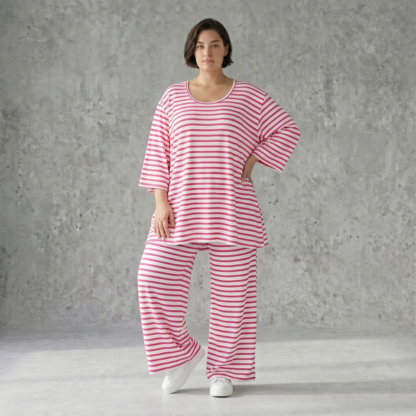 Weite Streifen Hose aus Jersey in Weiß Fuchsia Sommermode weich und bequem - AKH Fashion bei Modeare aus Frankreich