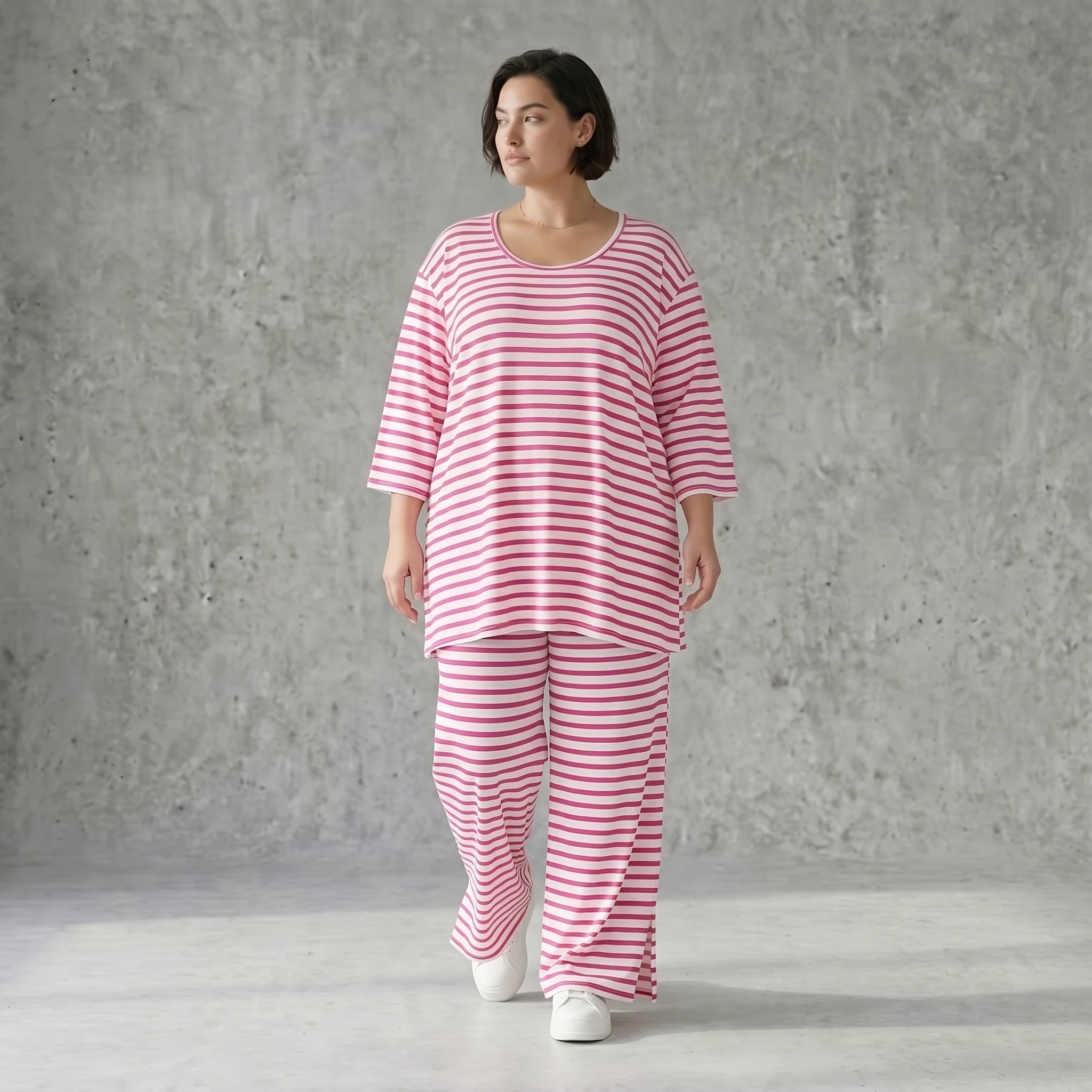 Weite Streifen Hose aus Jersey in Weiß Fuchsia Sommermode weich und bequem - AKH Fashion bei Modeare aus Frankreich