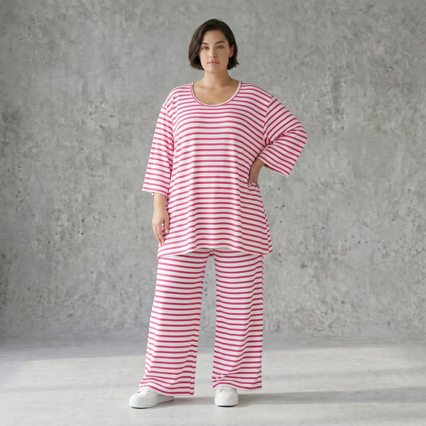 Weite Streifen Hose aus Jersey in Weiß Fuchsia Sommermode weich und bequem - AKH Fashion bei Modeare aus Frankreich