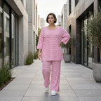 Weite Streifen Hose aus Jersey in Weiß Fuchsia Sommermode weich und bequem - AKH Fashion bei Modeare aus Frankreich