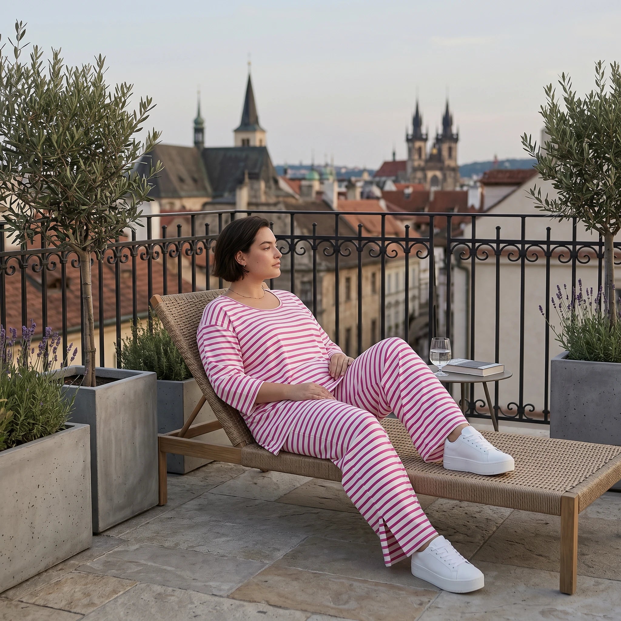 Weite Streifen Hose aus Jersey in Weiß Fuchsia Sommermode weich und bequem - AKH Fashion bei Modeare aus Frankreich