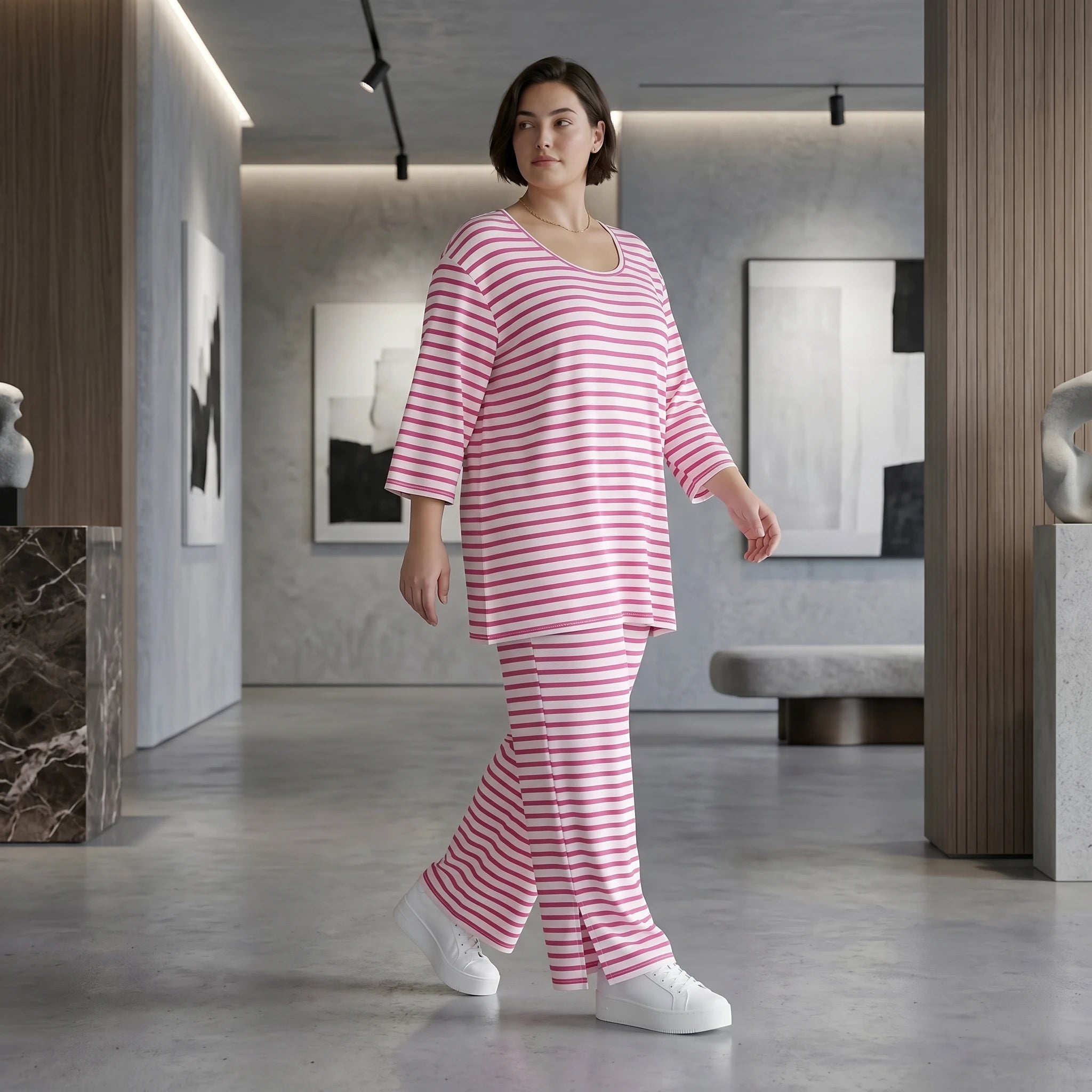 Weite Streifen Hose aus Jersey in Weiß Fuchsia Sommermode weich und bequem - AKH Fashion bei Modeare aus Frankreich