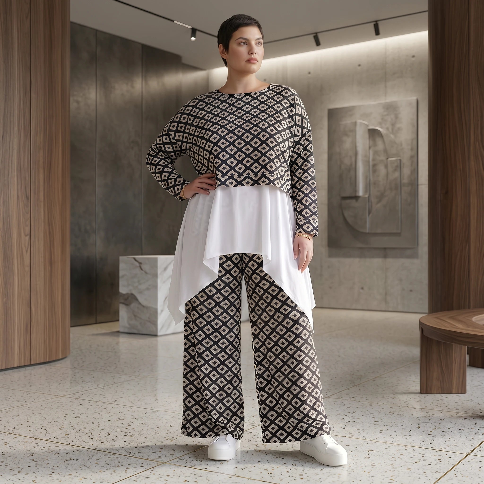 Damen Überwurf Avantgarde Polyester Schwarz-Weiß, Rauten, Langarm, Oversize große Größen – AKH Fashion