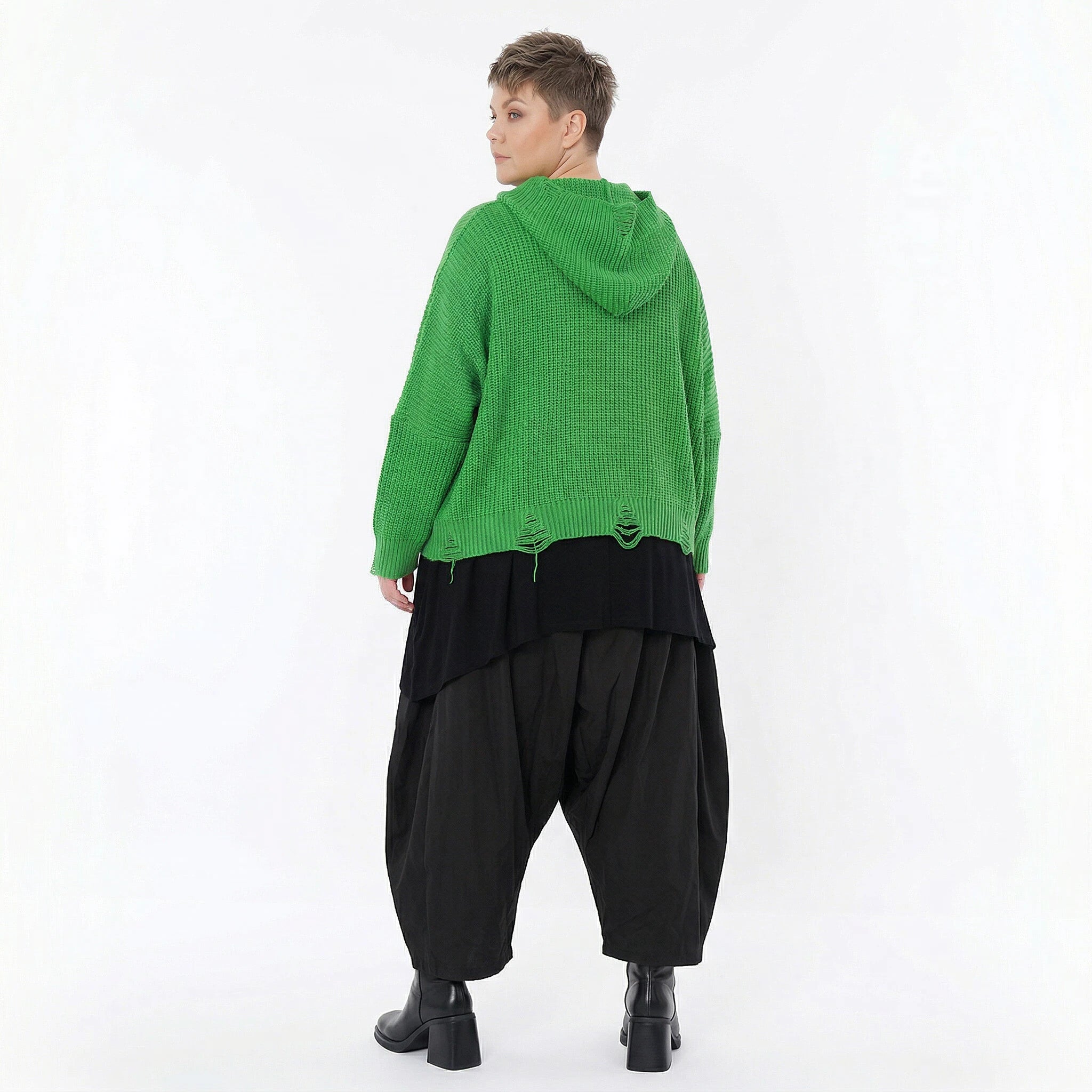 Kastiges Strick Kapuzenshirt in Grün mit Destroyed Details im Oversize Look
