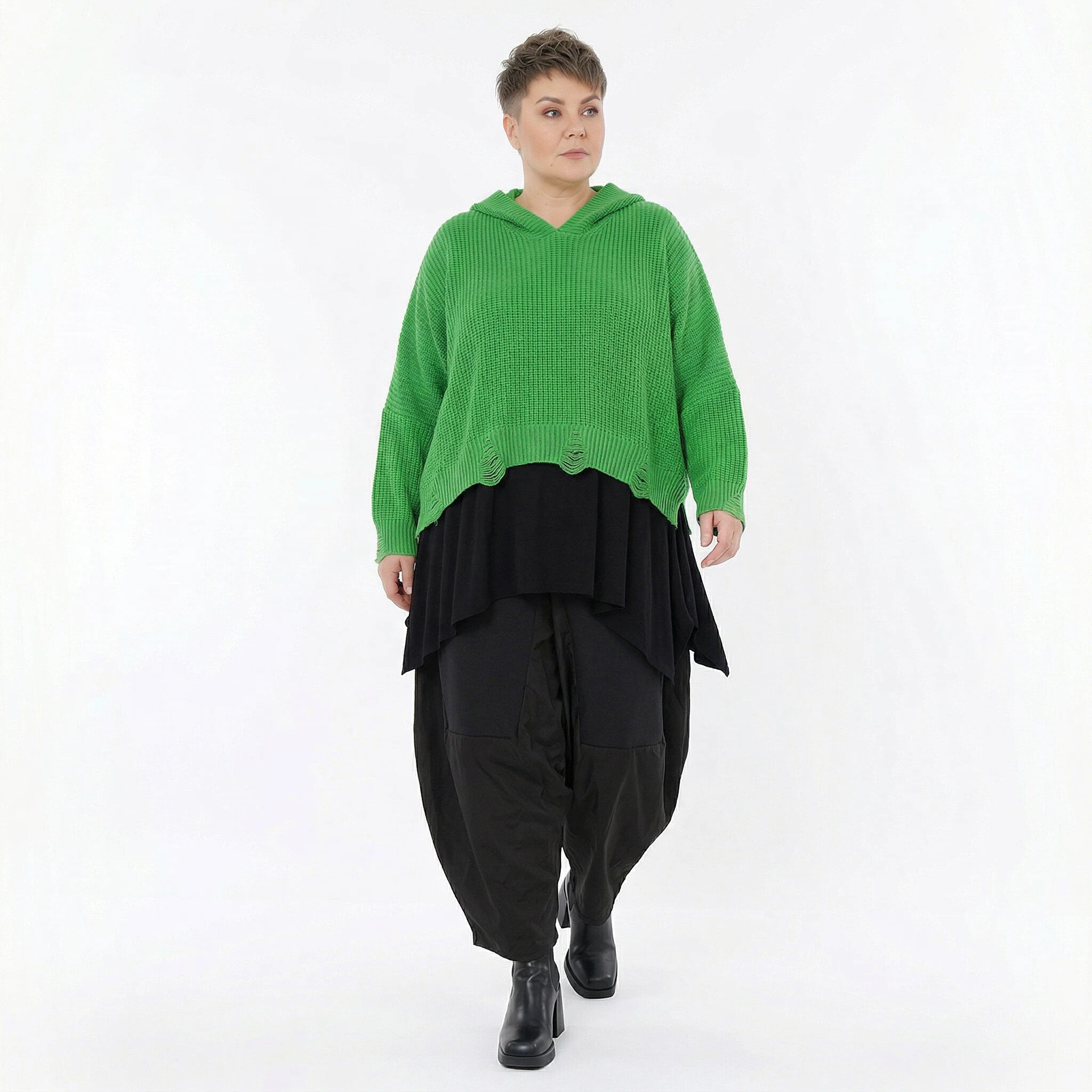 Kastiges Strick Kapuzenshirt in Grün mit Destroyed Details im Oversize Look