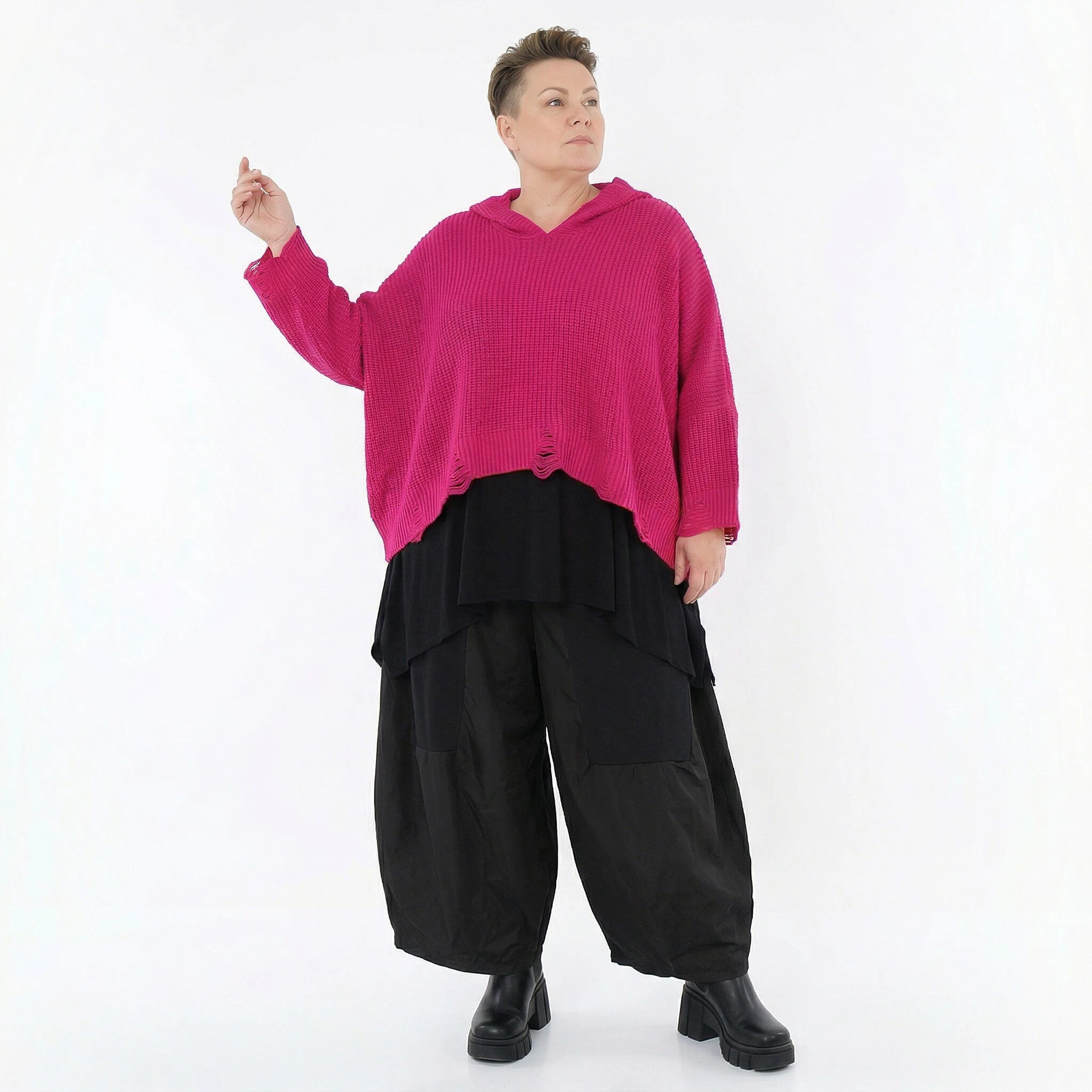 Oversize Strick Kapuzenshirt im Lagenlook aus Baumwolle Acryl von AKH Premium bei Modeare für Damen in Plus Size 54/64
