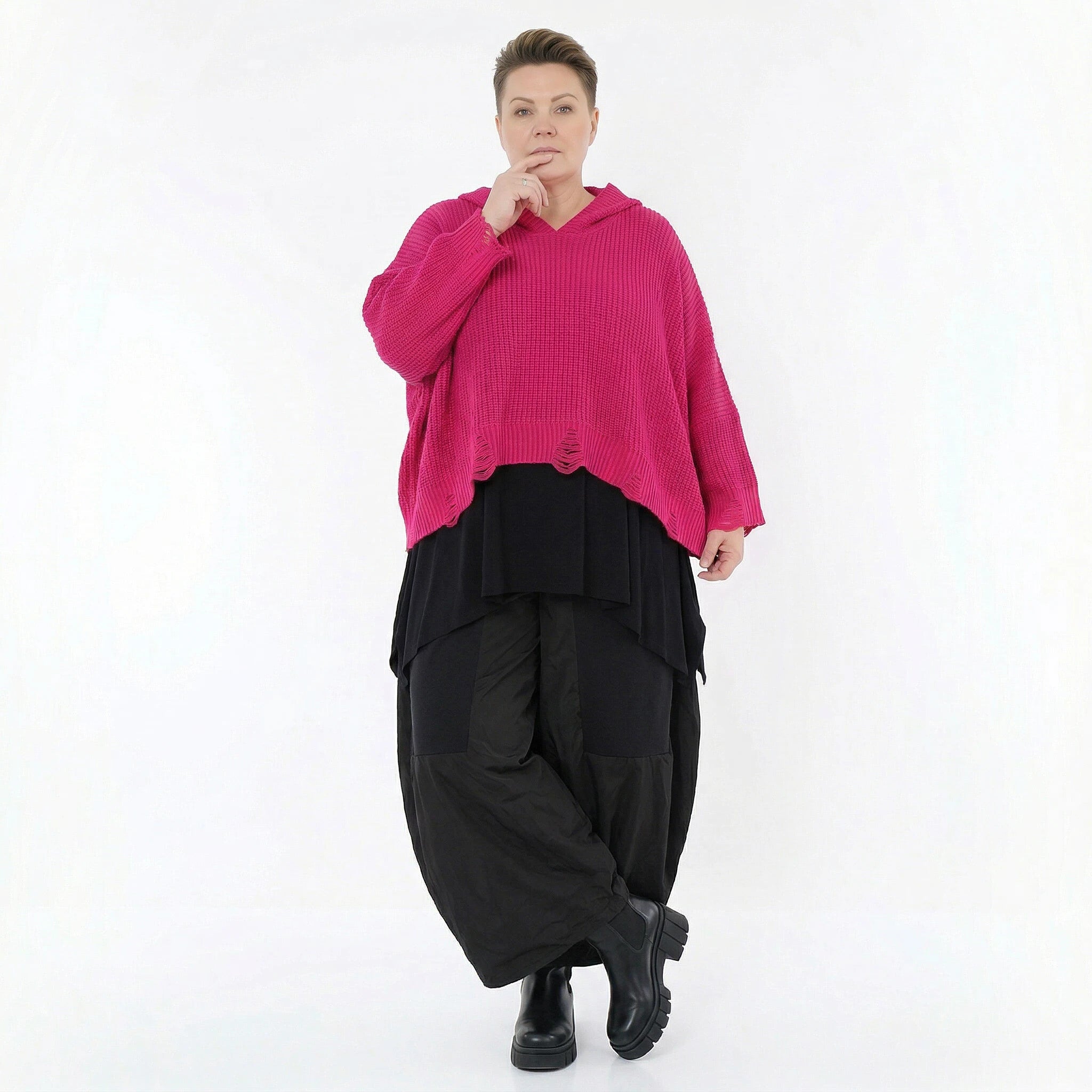 Oversize Strick Kapuzenshirt im Lagenlook aus Baumwolle Acryl von AKH Premium bei Modeare für Damen in Plus Size 54/64