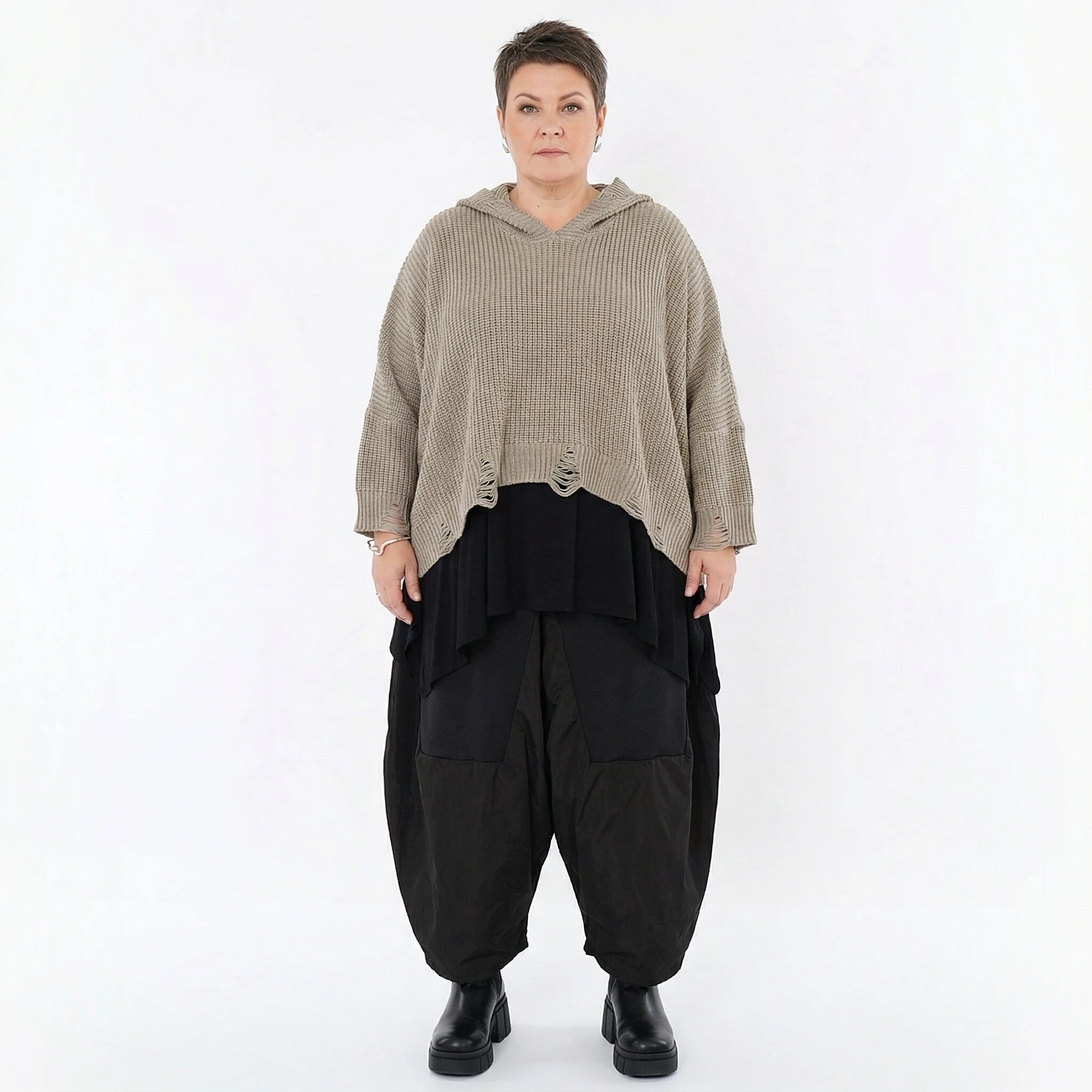 Oversize Strickshirt mit Kapuze im Lagenlook aus Baumwolle Acryl von AKH Premium bei Modeare für Damen in großen Größen