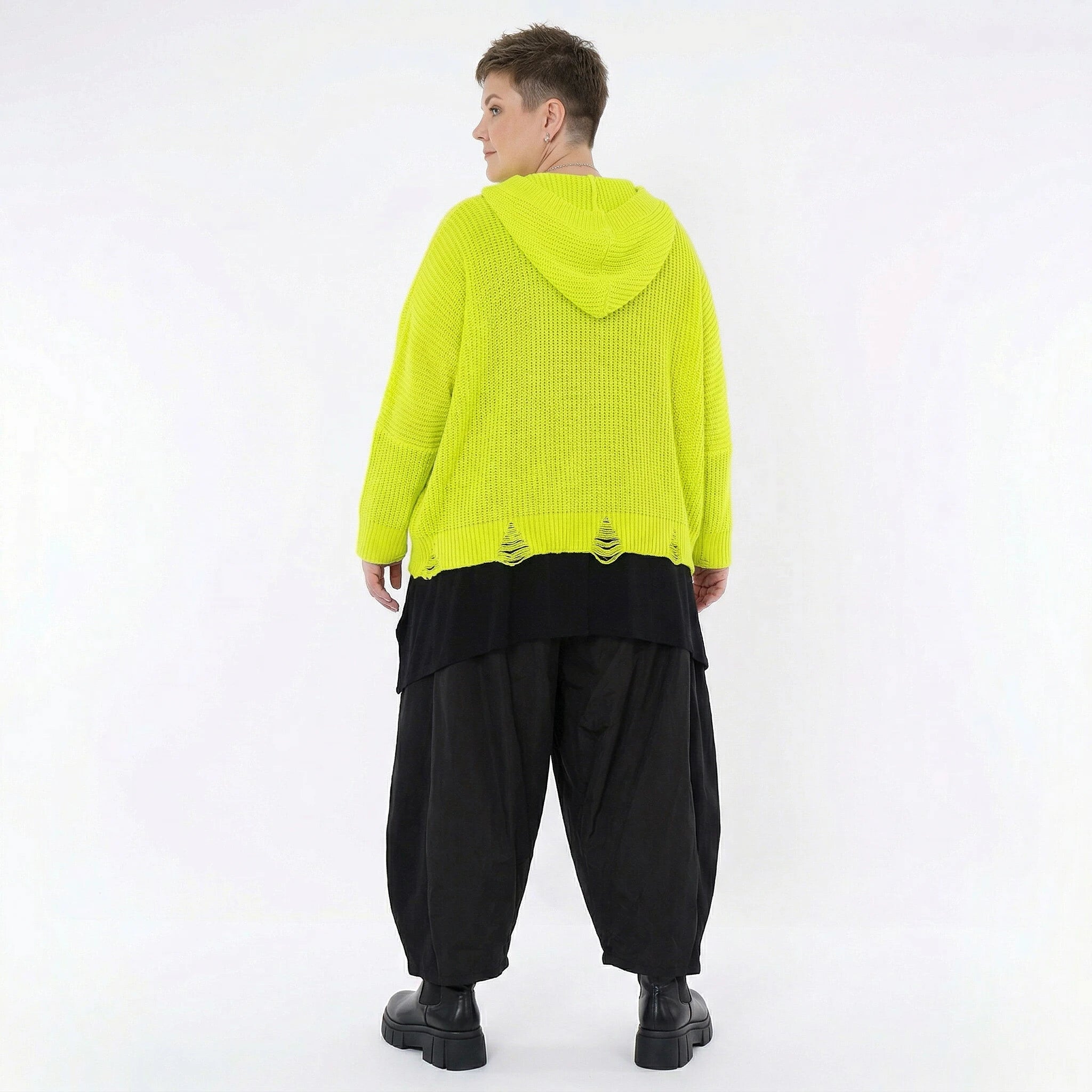 AKH Premium Strick Kapuzenshirt Oversize Neongelb Destroyed Look 50 Baumwolle 50 Acryl Made in Polen bei Modeare