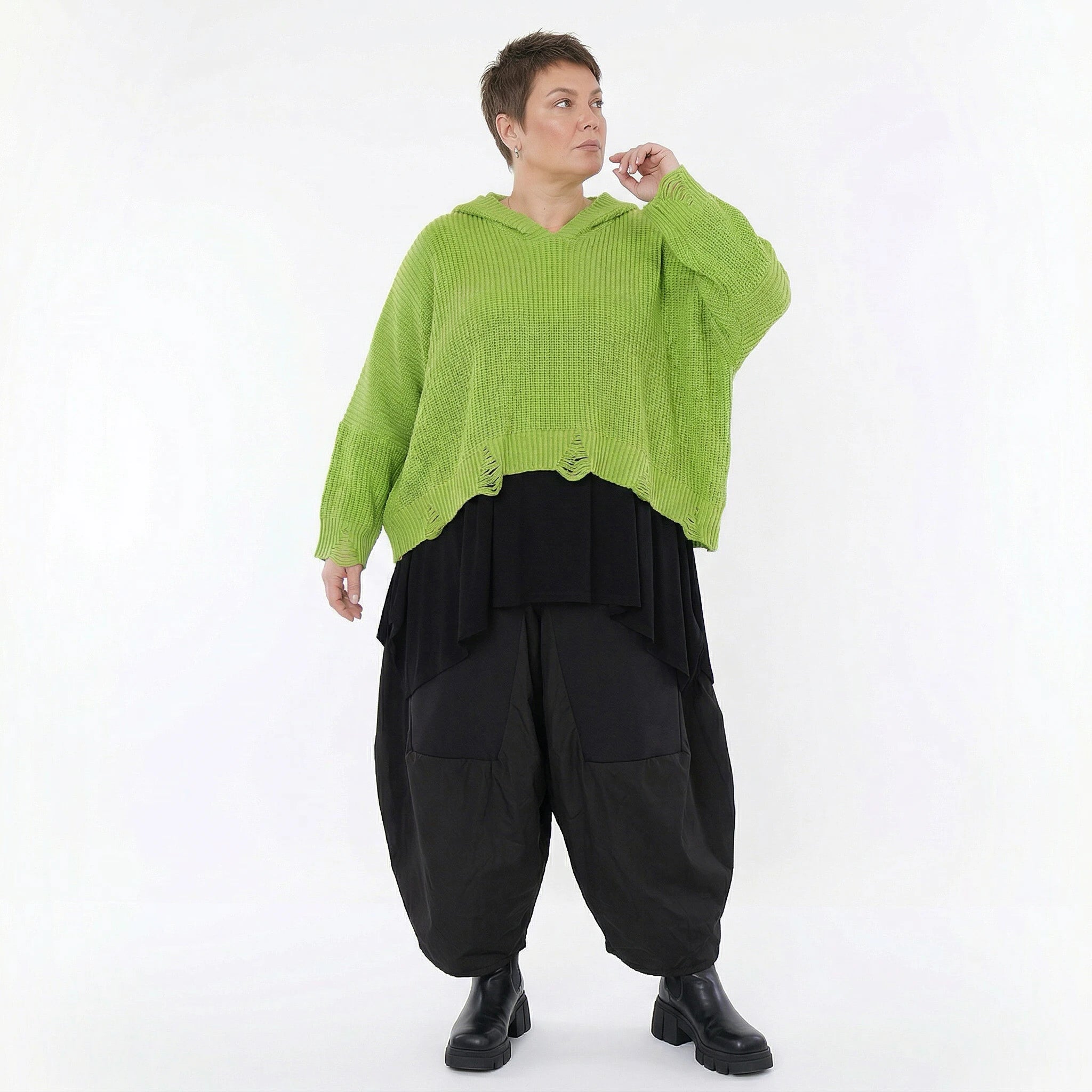 Oversize Strick Kapuzenshirt in Neongrün aus Baumwolle Acryl AKH Premium bei Modeare - Lagenlook Hoodie Damen
