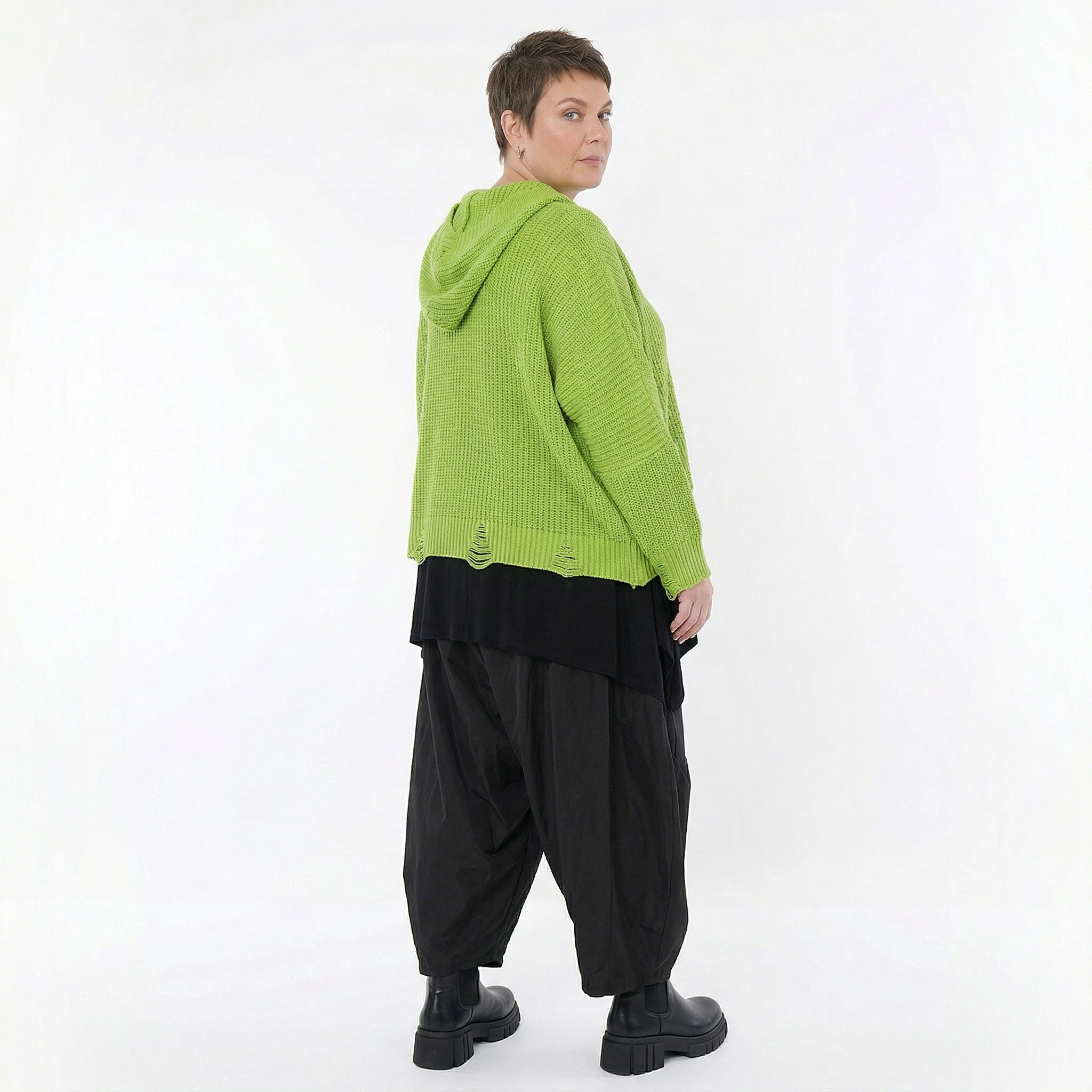 Oversize Strick Kapuzenshirt in Neongrün aus Baumwolle Acryl AKH Premium bei Modeare - Lagenlook Hoodie Damen