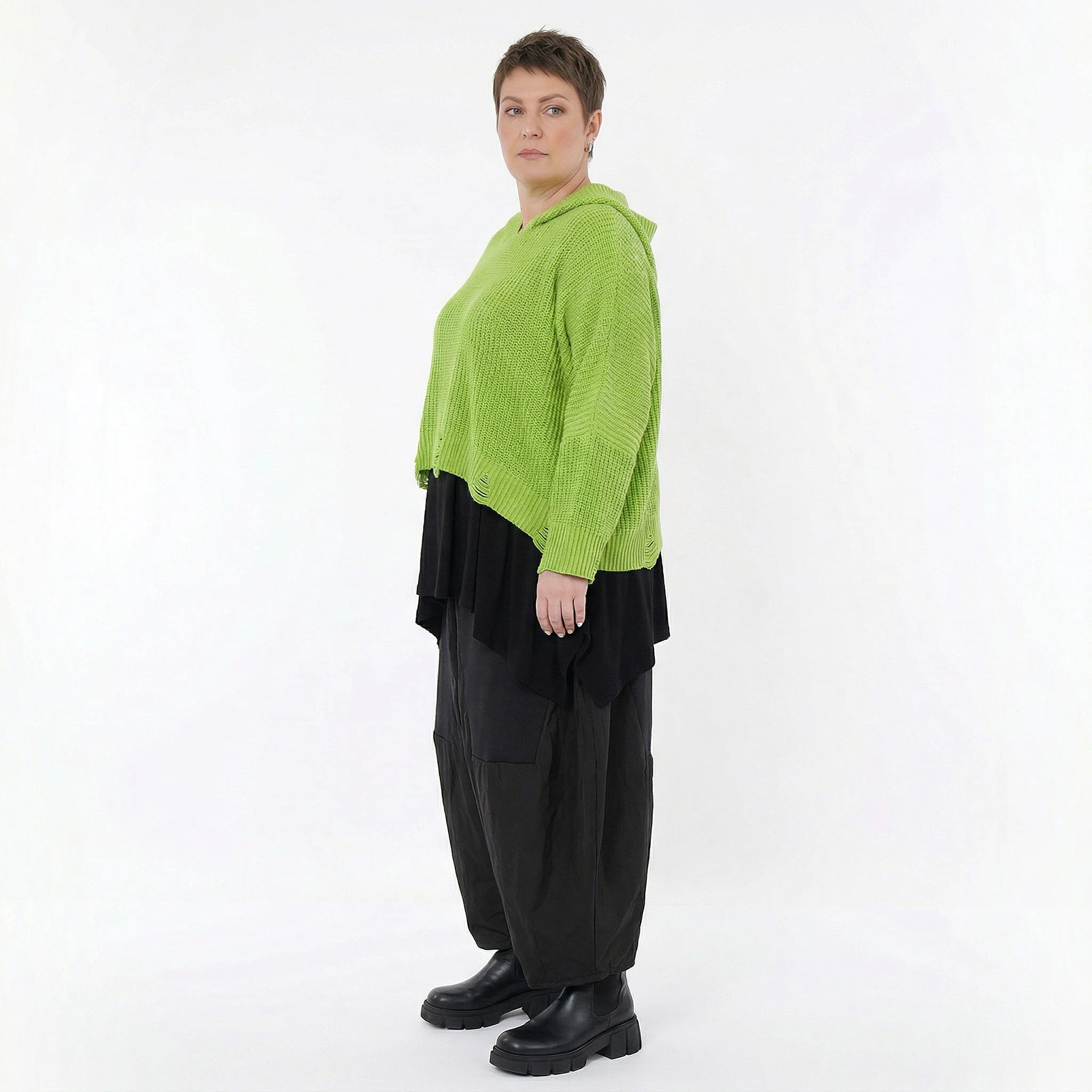 Oversize Strick Kapuzenshirt in Neongrün aus Baumwolle Acryl AKH Premium bei Modeare - Lagenlook Hoodie Damen